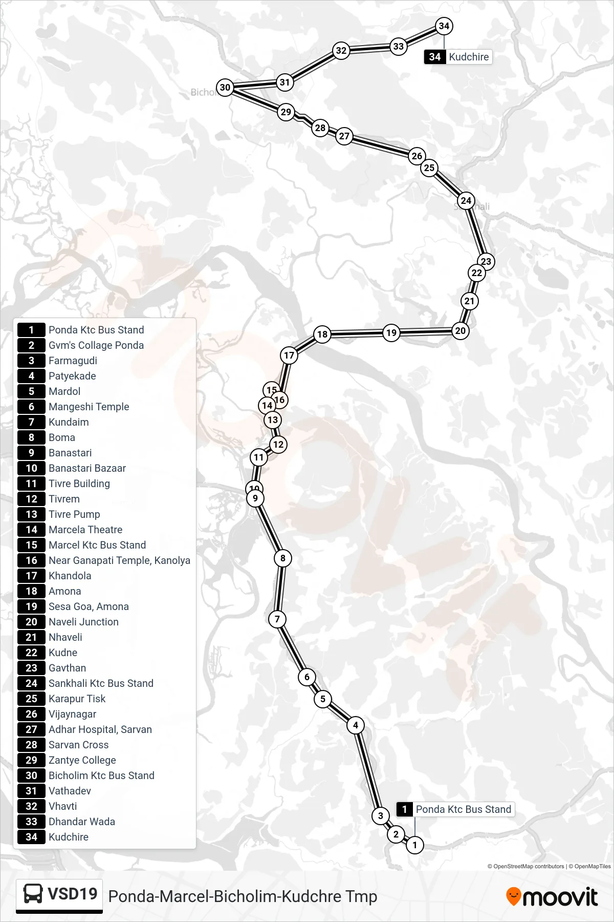 VSD19 bus Line (Ponda-Marcel-Bicholim-Kudchre Tmp) route and stops on a map