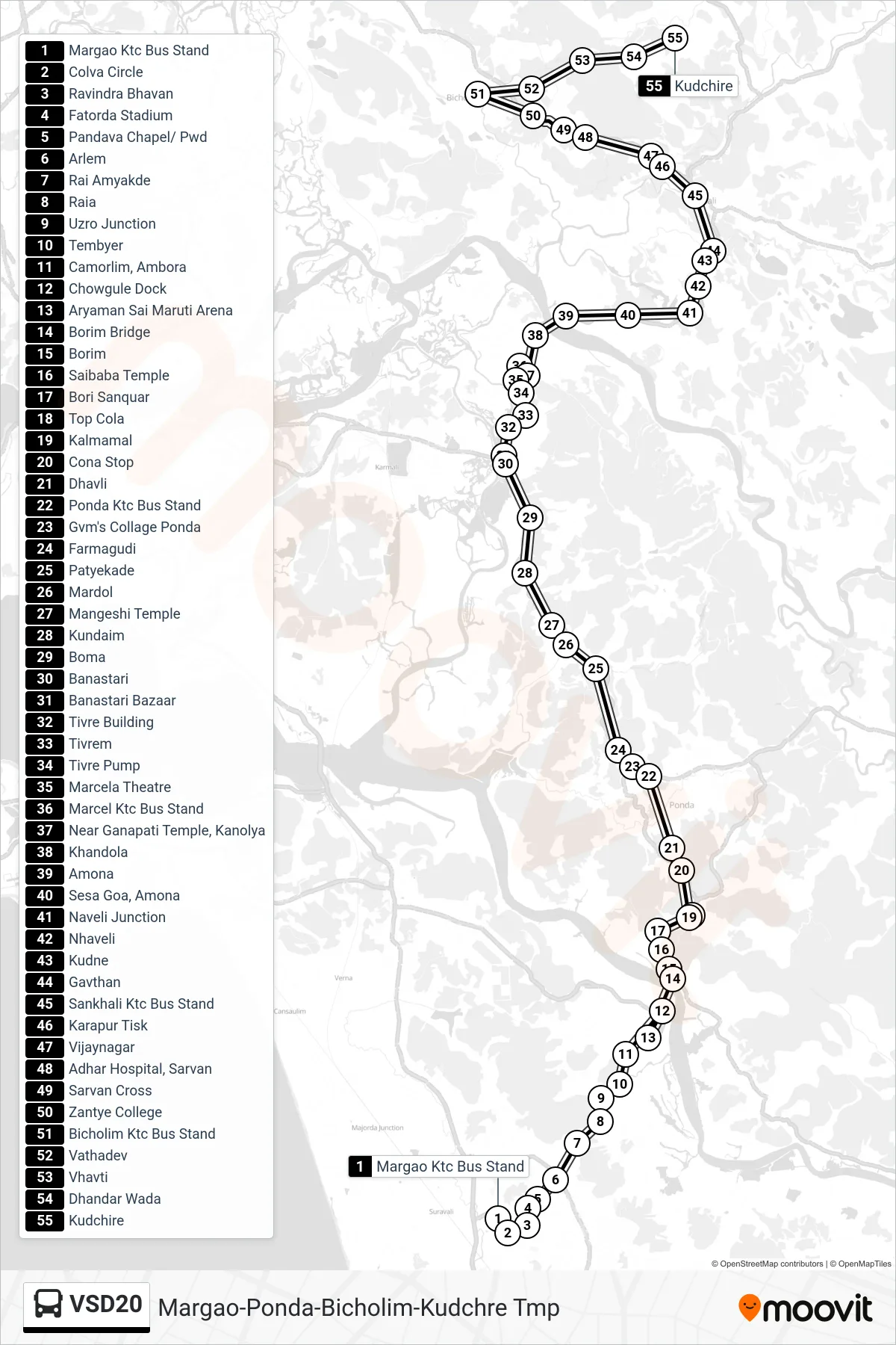 VSD20 bus Line (Margao-Ponda-Bicholim-Kudchre Tmp) route and stops on a map