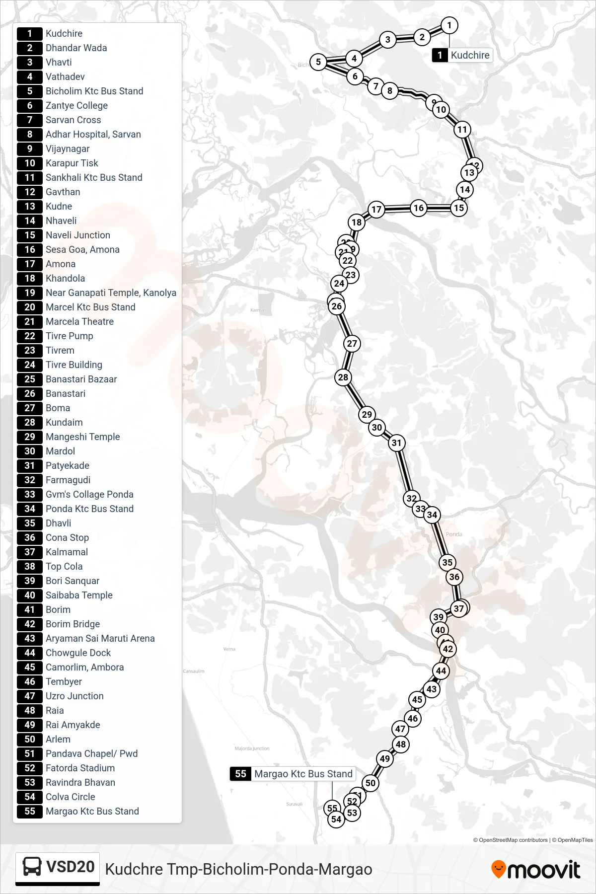 VSD20 bus Line (Kudchre Tmp-Bicholim-Ponda-Margao) route and stops on a map