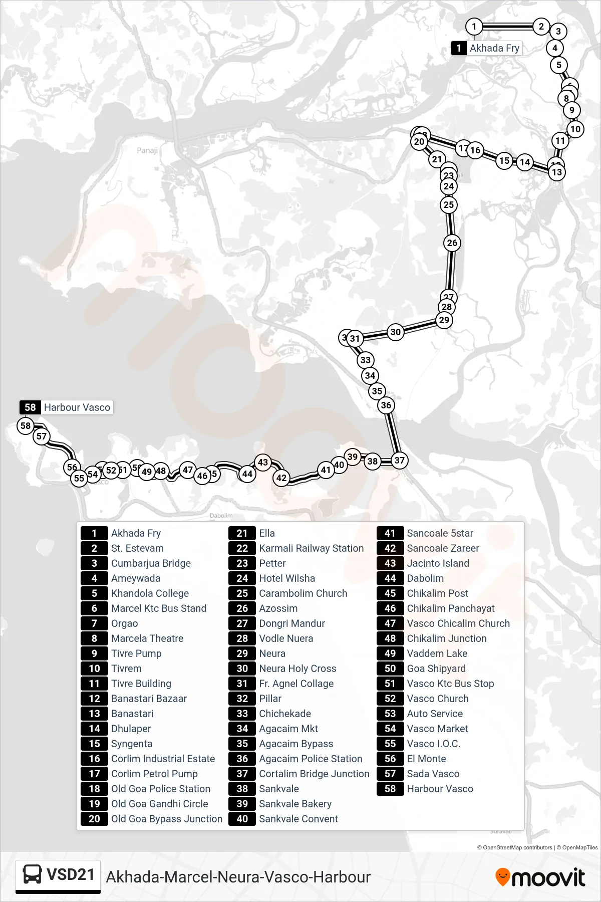 VSD21 bus Line (Akhada-Marcel-Neura-Vasco-Harbour) route and stops on a map