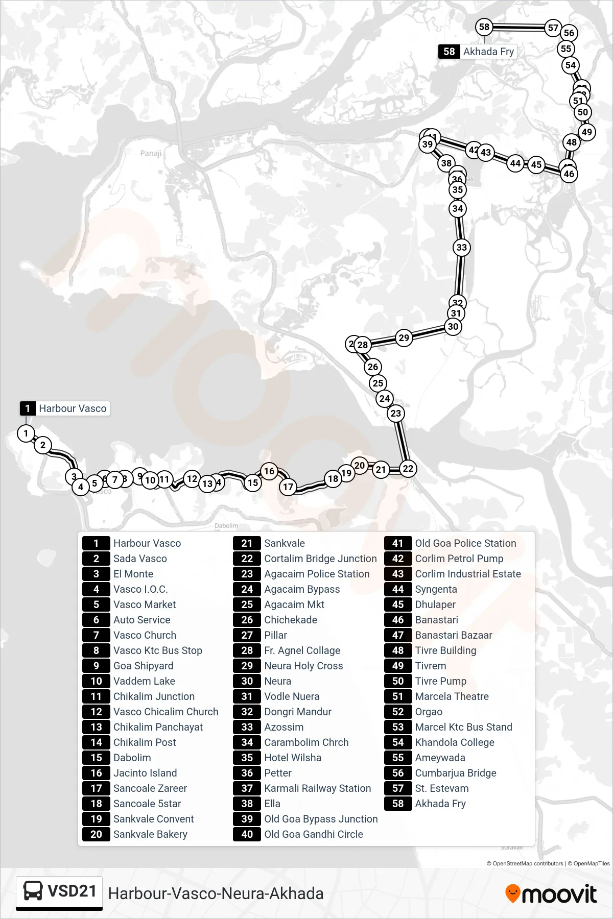 VSD21 bus Line (Harbour-Vasco-Neura-Akhada) route and stops on a map
