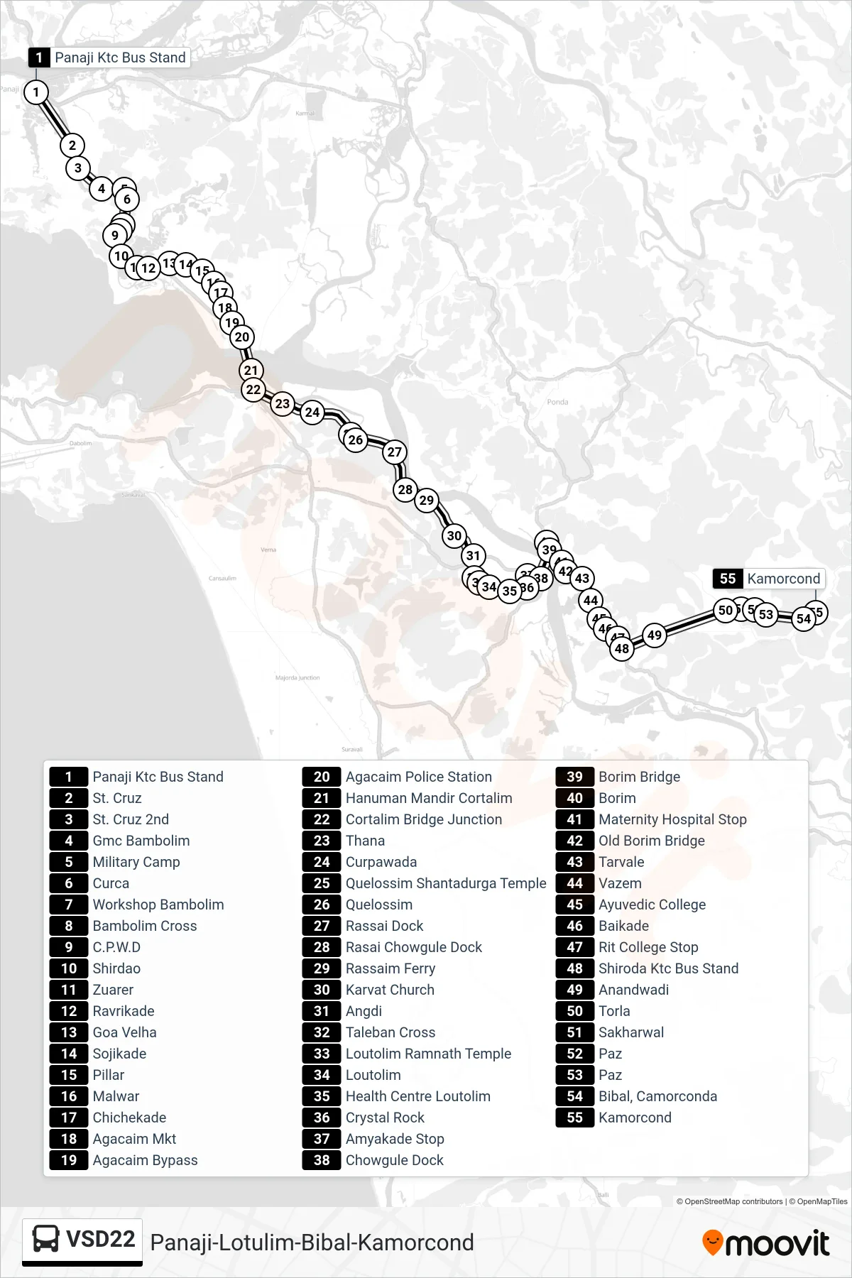 VSD22 bus Line (Panaji-Lotulim-Bibal-Kamorcond) route and stops on a map
