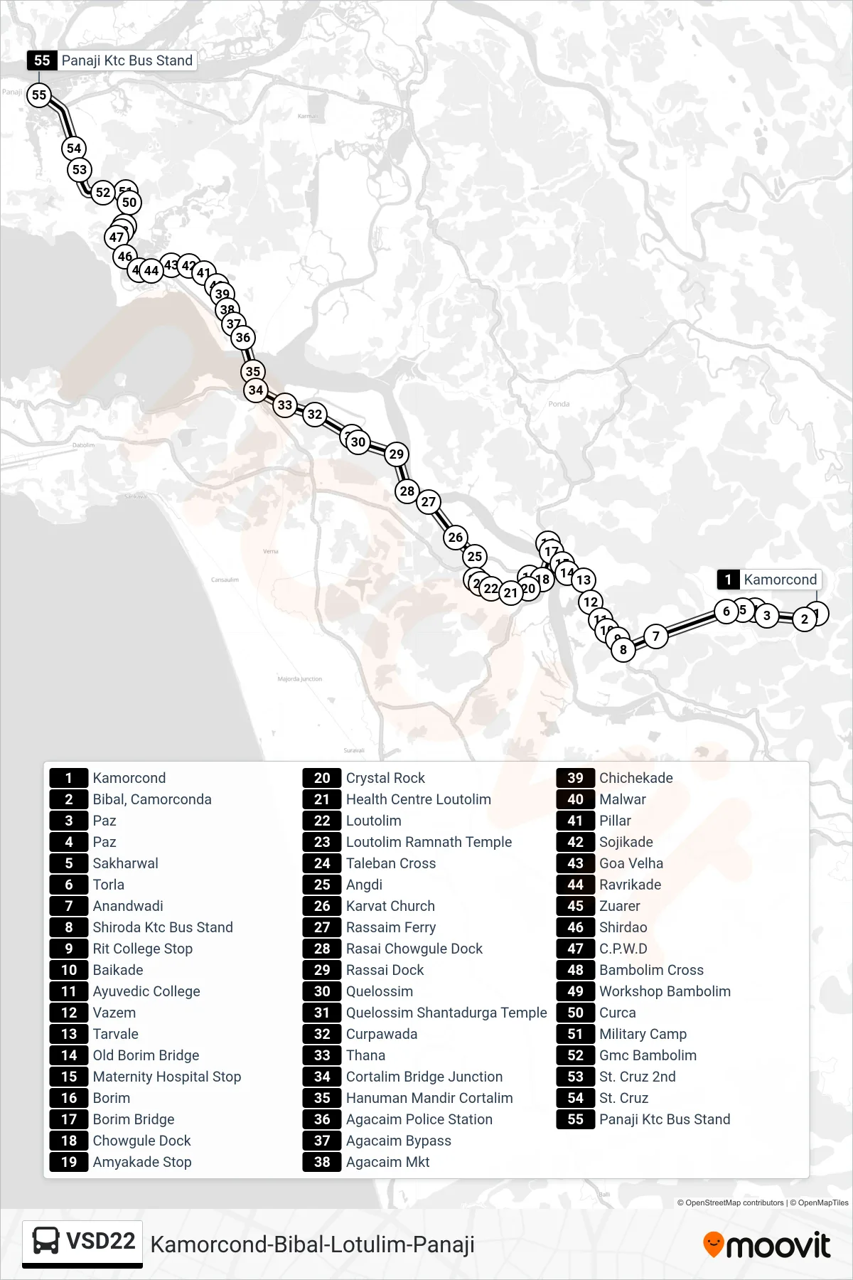 VSD22 bus Line (Kamorcond-Bibal-Lotulim-Panaji) route and stops on a map