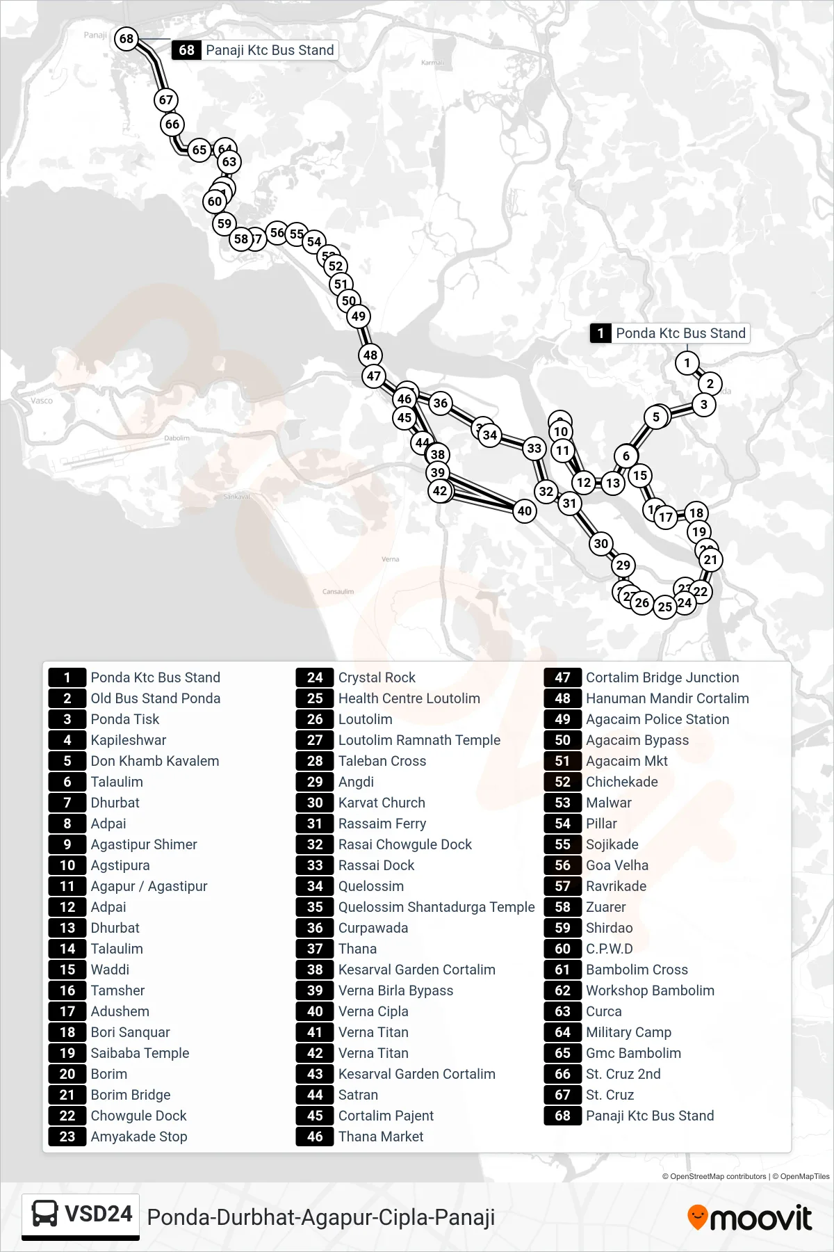 VSD24 bus Line (Ponda-Durbhat-Agapur-Cipla-Panaji) route and stops on a map