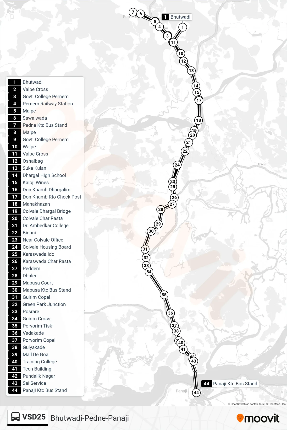 VSD25 bus Line (Bhutwadi-Pedne-Panaji) route and stops on a map