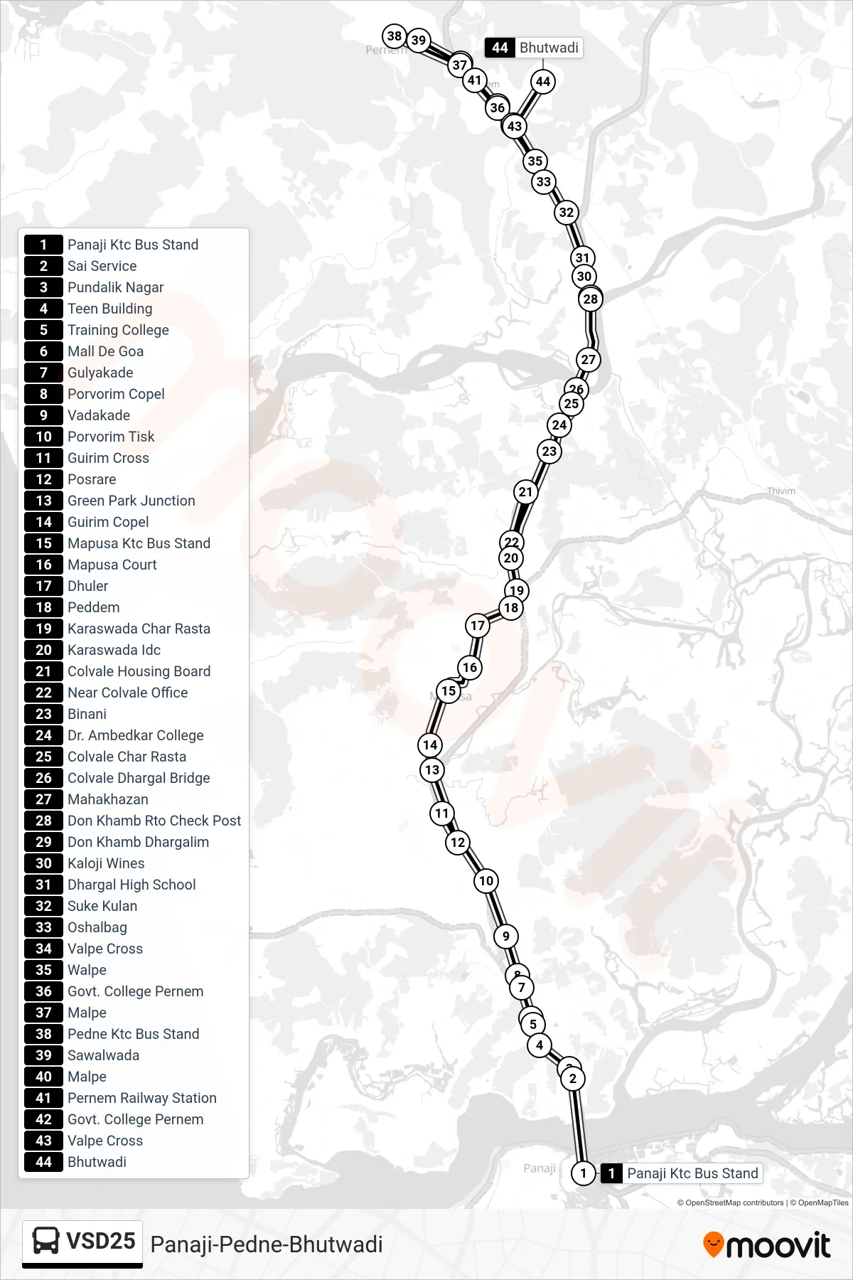 VSD25 bus Line (Panaji-Pedne-Bhutwadi) route and stops on a map