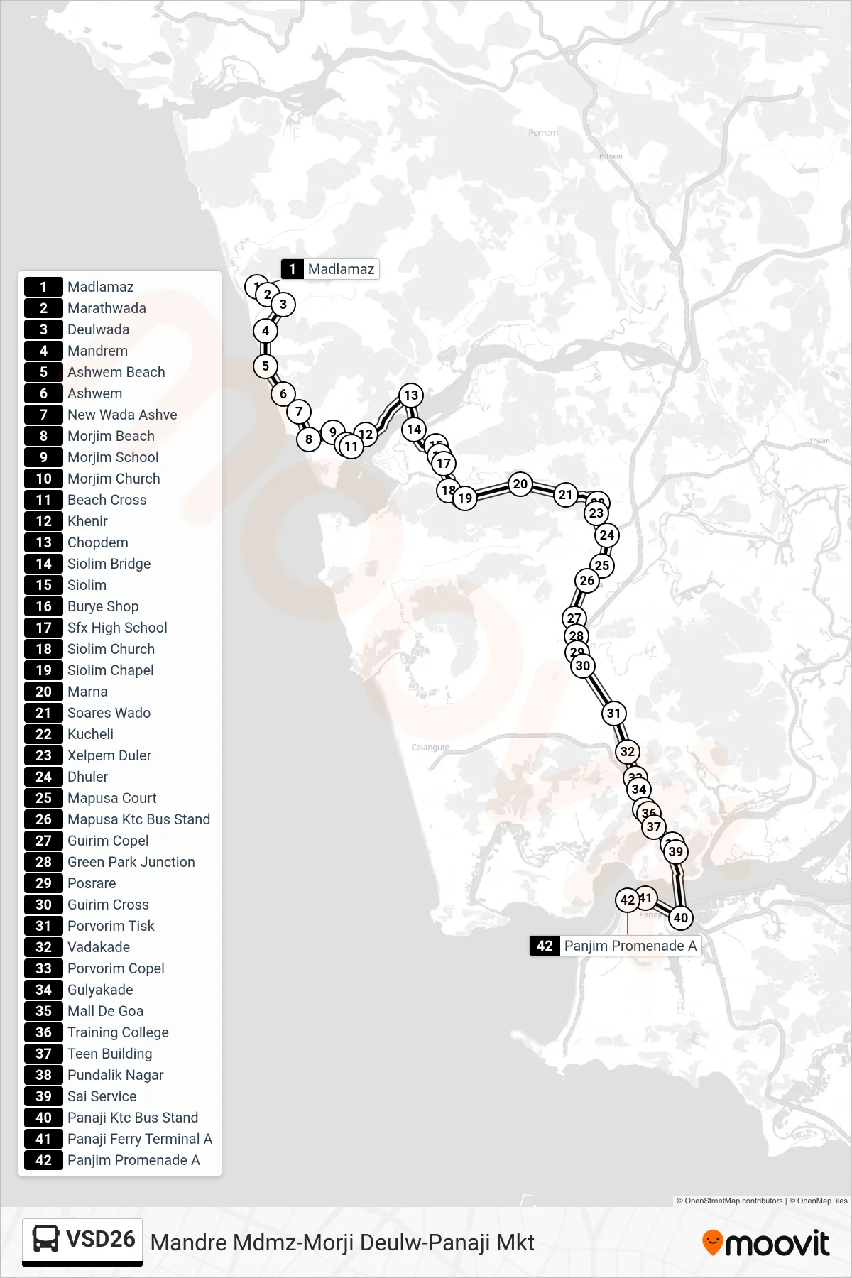 VSD26 bus Line (Mandre Mdmz-Morji Deulw-Panaji Mkt) route and stops on a map