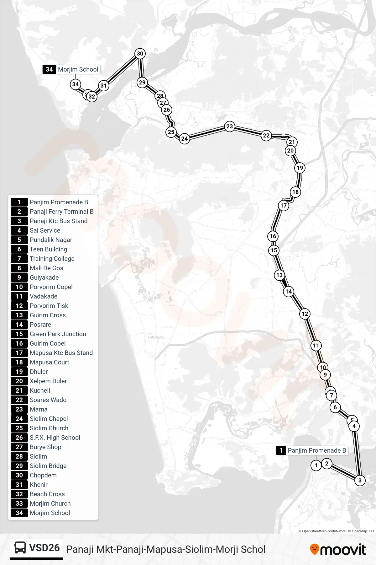 VSD26 bus Line (Panaji Mkt-Panaji-Mapusa-Siolim-Morji Schol) route and stops on a map