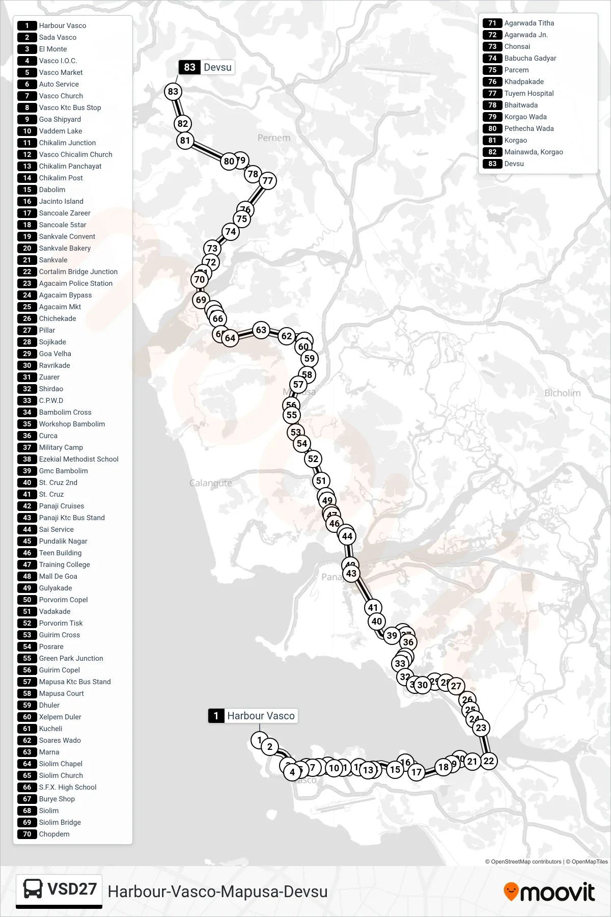 VSD27 bus Line (Harbour-Vasco-Mapusa-Devsu) route and stops on a map