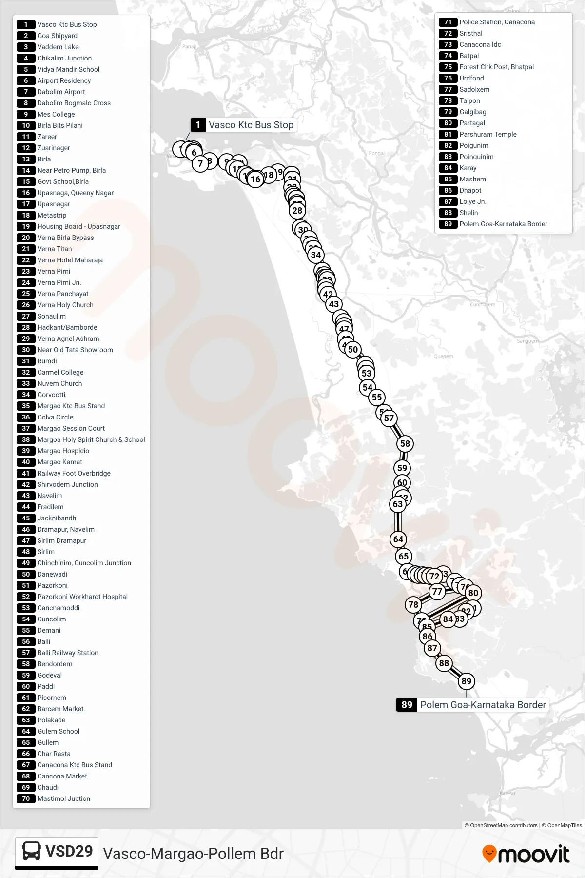 VSD29 bus Line (Vasco-Margao-Pollem Bdr) route and stops on a map