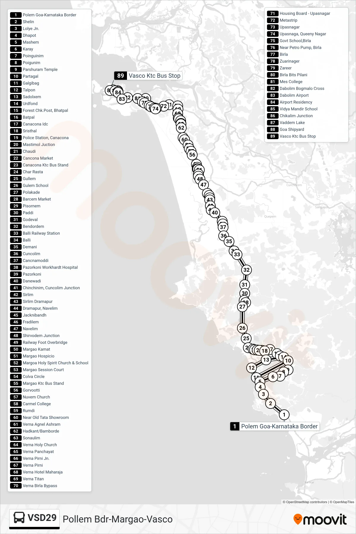 VSD29 bus Line (Pollem Bdr-Margao-Vasco) route and stops on a map