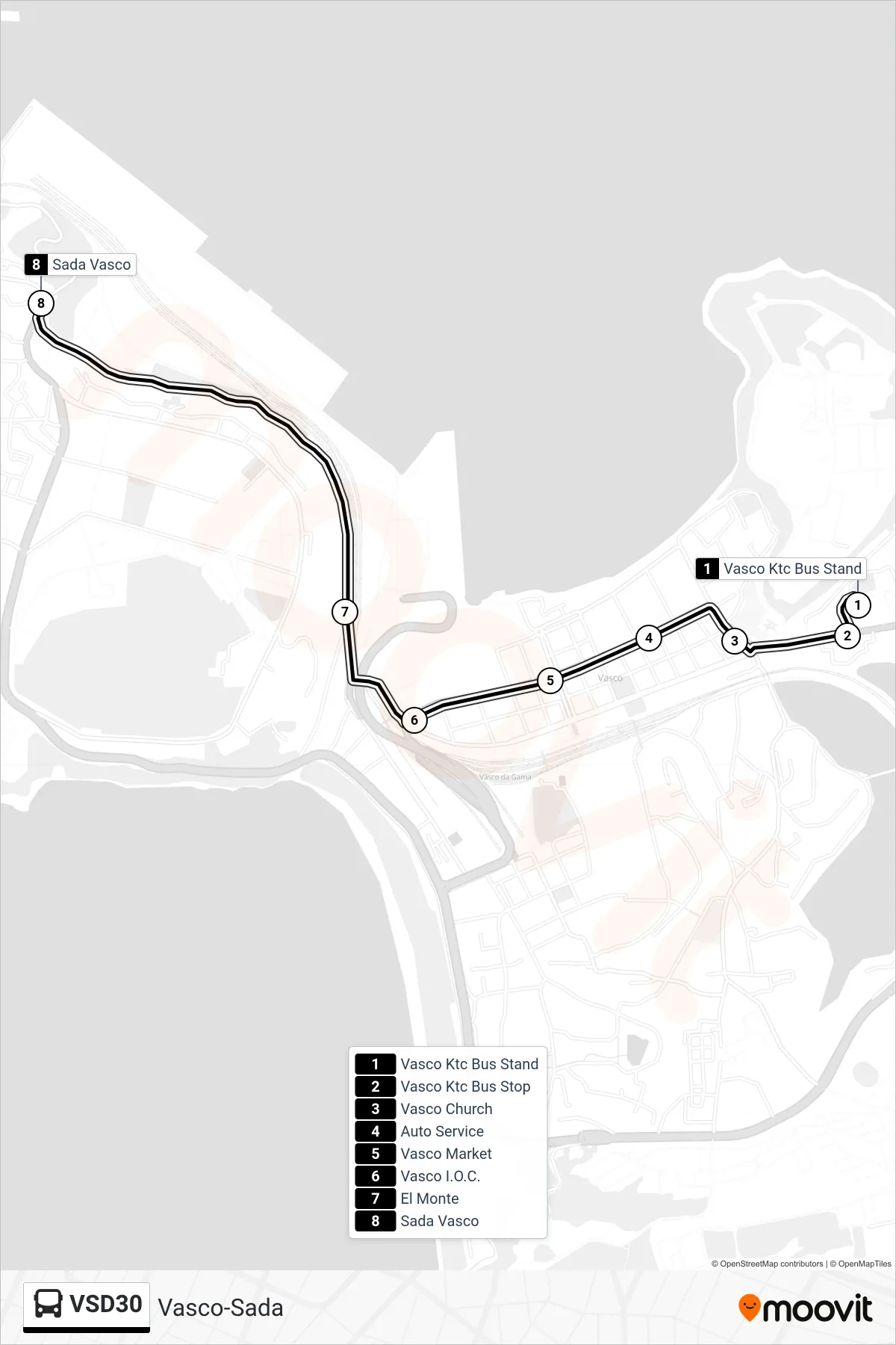 VSD30 bus Line (Vasco-Sada) route and stops on a map