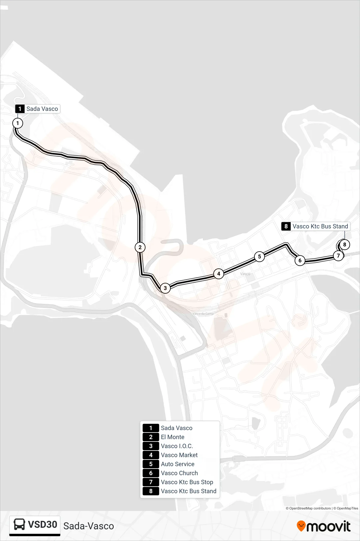 VSD30 bus Line (Sada-Vasco) route and stops on a map
