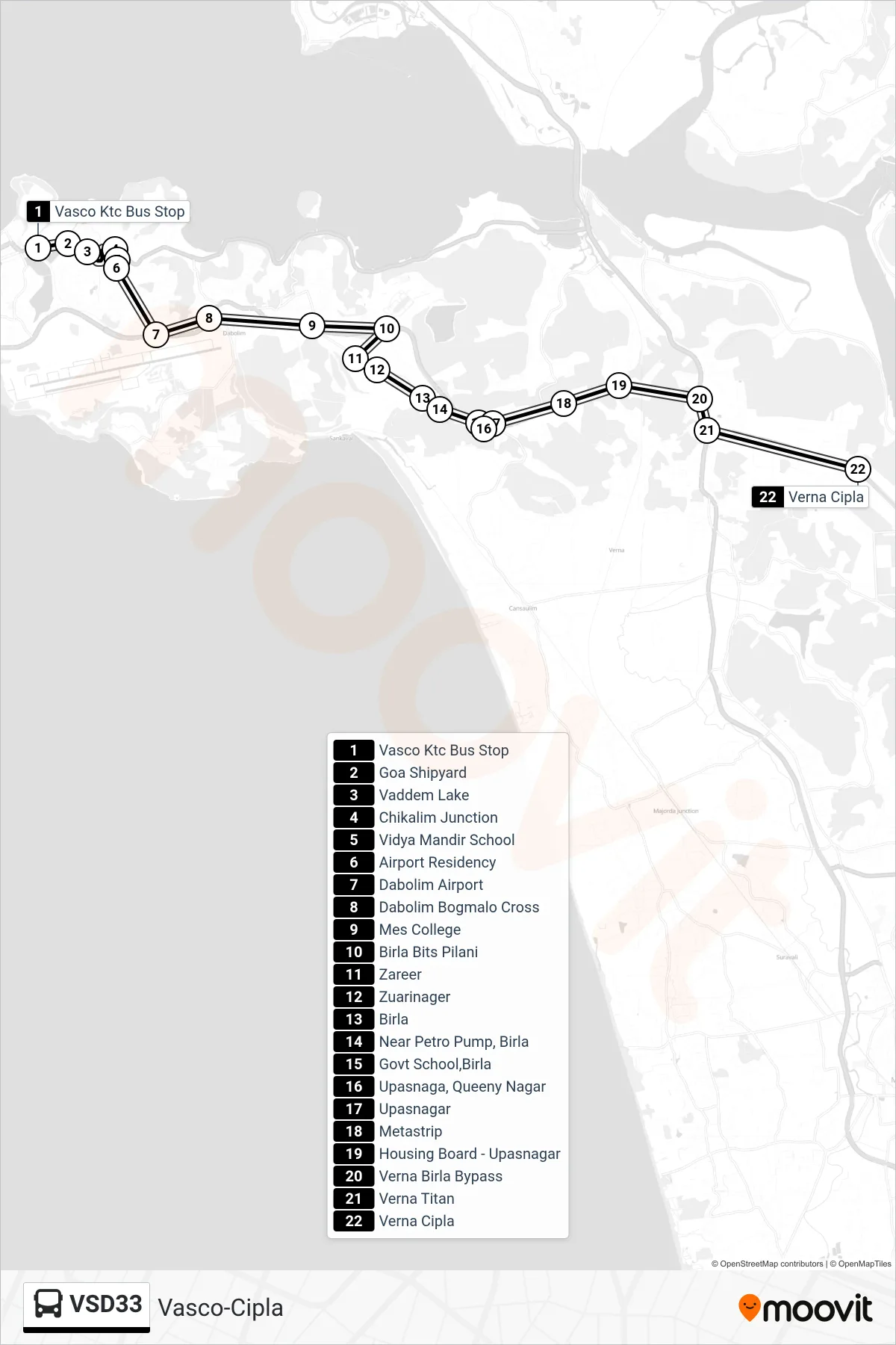 VSD33 bus Line (Vasco-Cipla) route and stops on a map