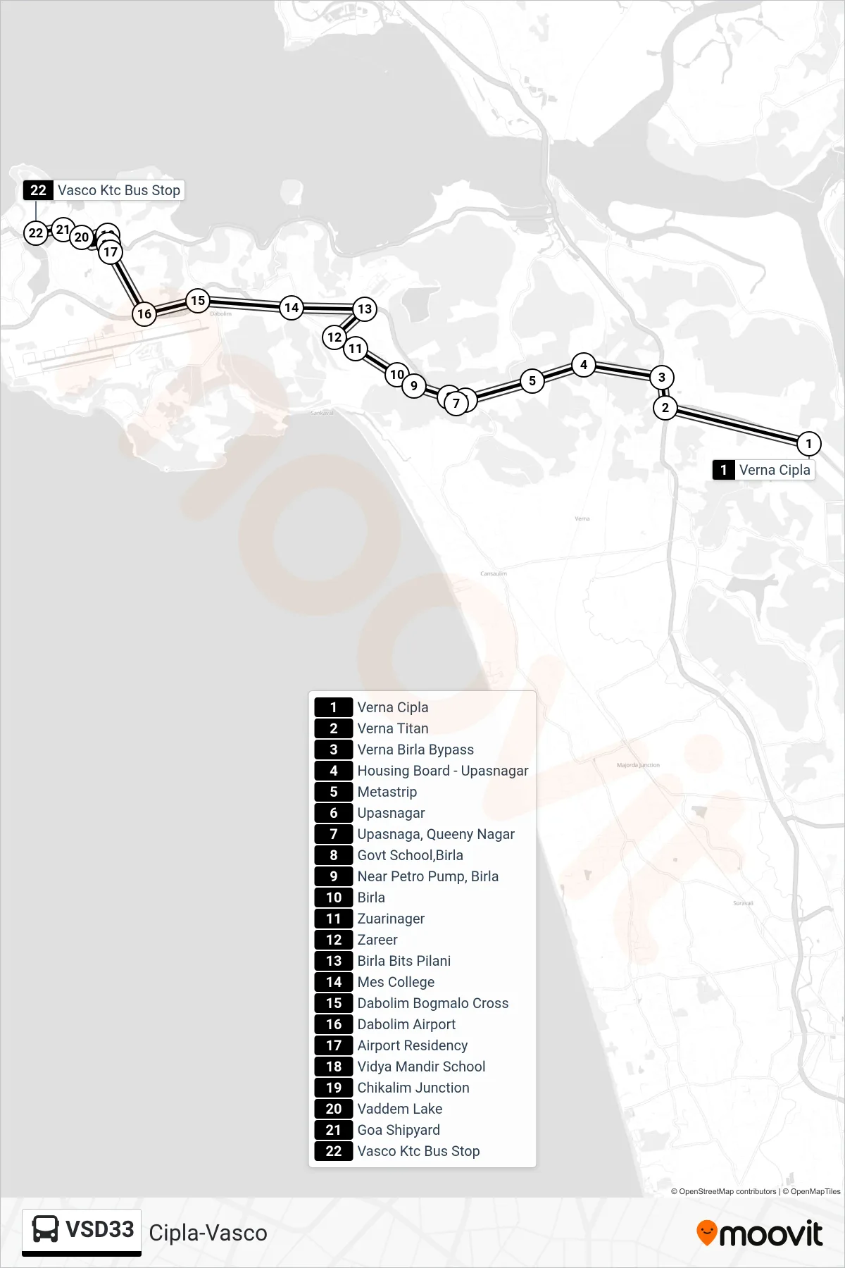 VSD33 bus Line (Cipla-Vasco) route and stops on a map