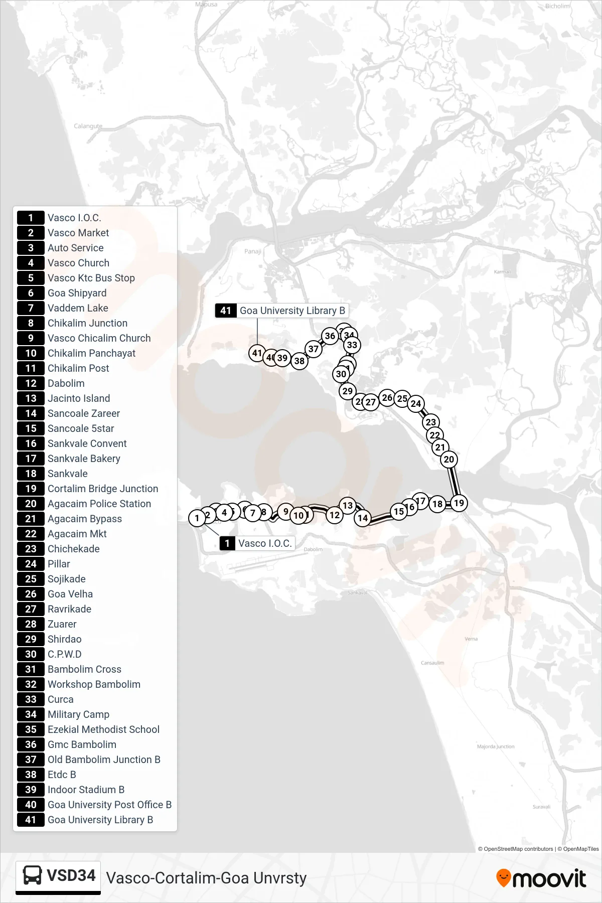 VSD34 bus Line (Vasco-Cortalim-Goa Unvrsty) route and stops on a map