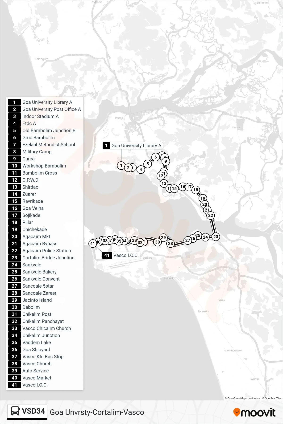 VSD34 bus Line (Goa Unvrsty-Cortalim-Vasco) route and stops on a map