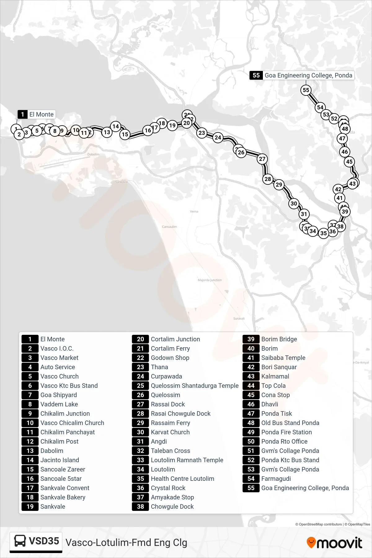 VSD35 bus Line (Vasco-Lotulim-Fmd Eng Clg) route and stops on a map