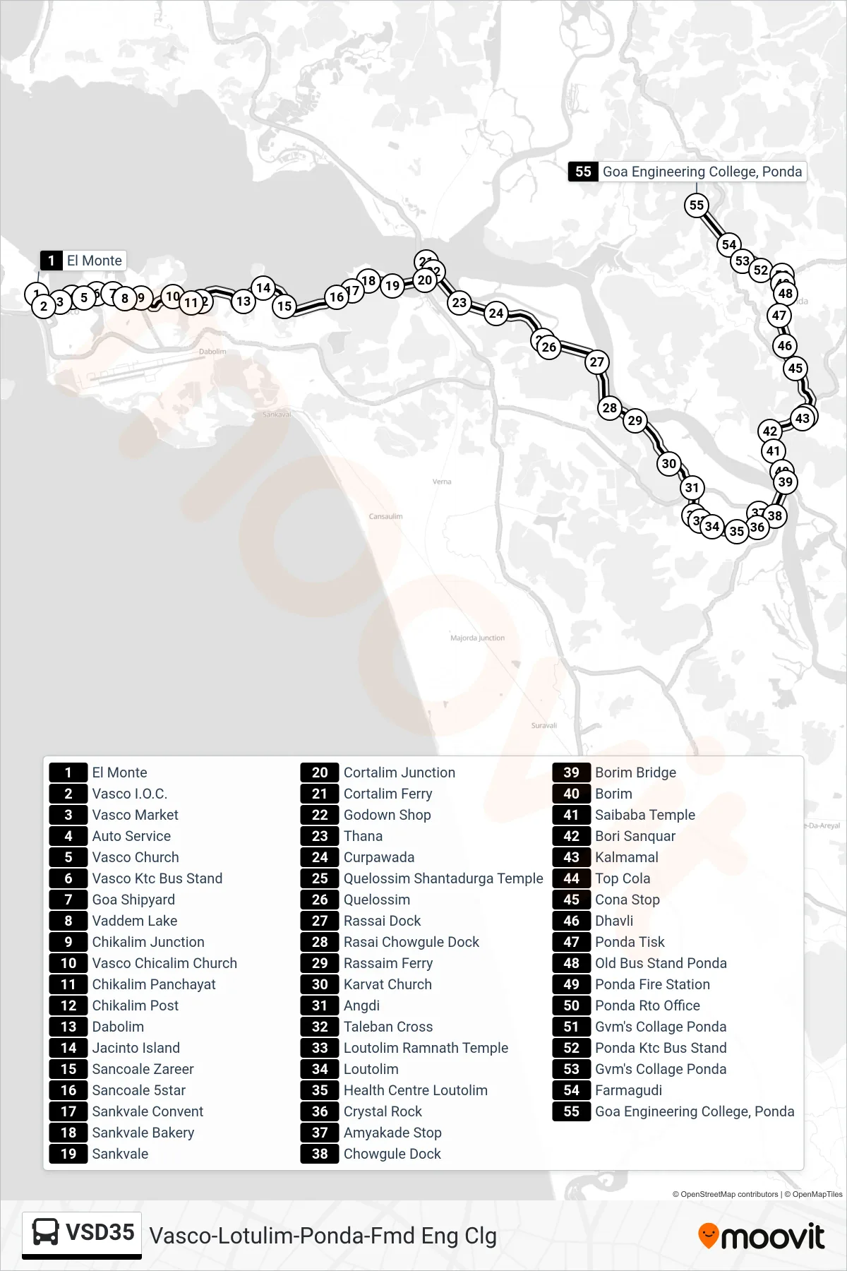 VSD35 bus Line (Vasco-Lotulim-Ponda-Fmd Eng Clg) route and stops on a map
