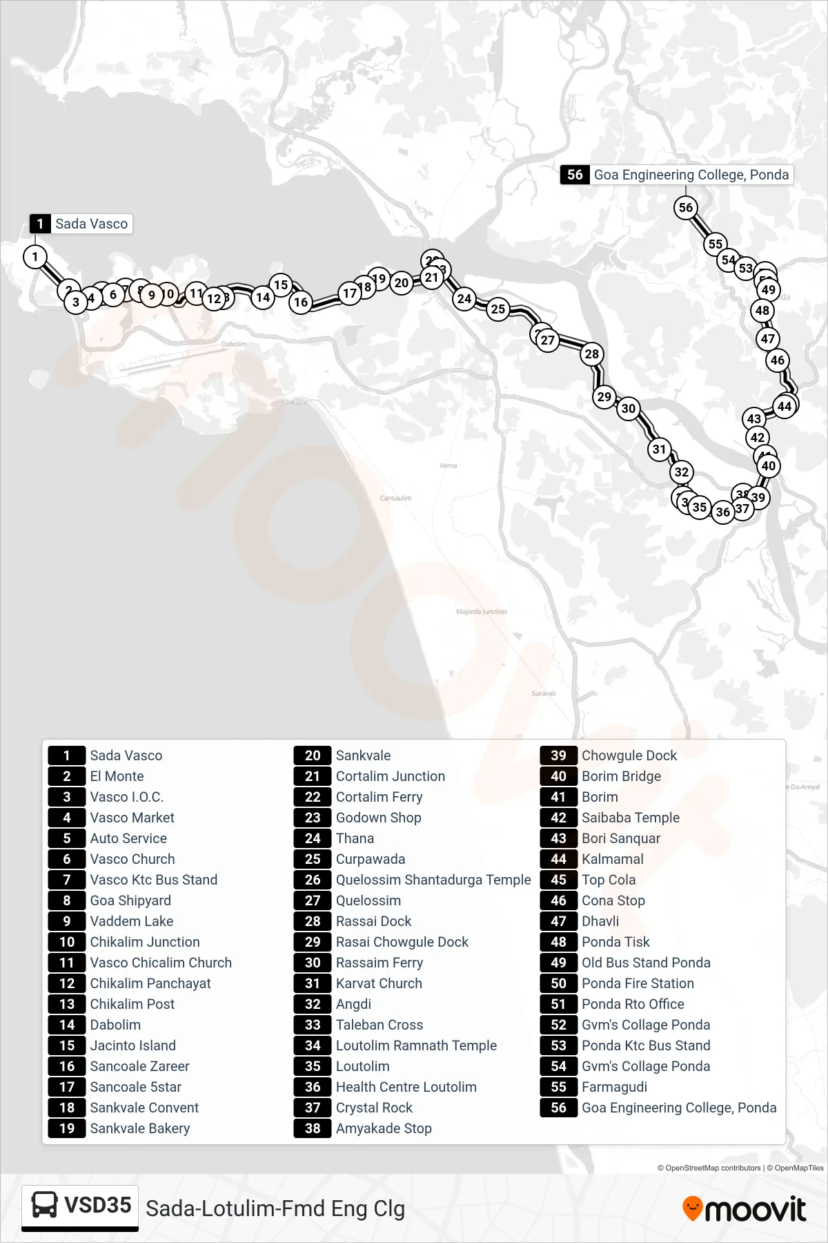 VSD35 bus Line (Sada-Lotulim-Fmd Eng Clg) route and stops on a map