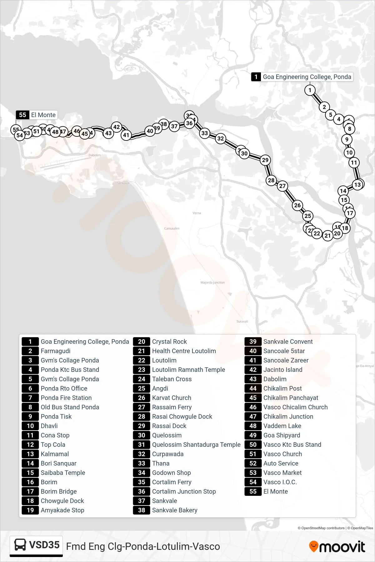 VSD35 bus Line (Fmd Eng Clg-Ponda-Lotulim-Vasco) route and stops on a map