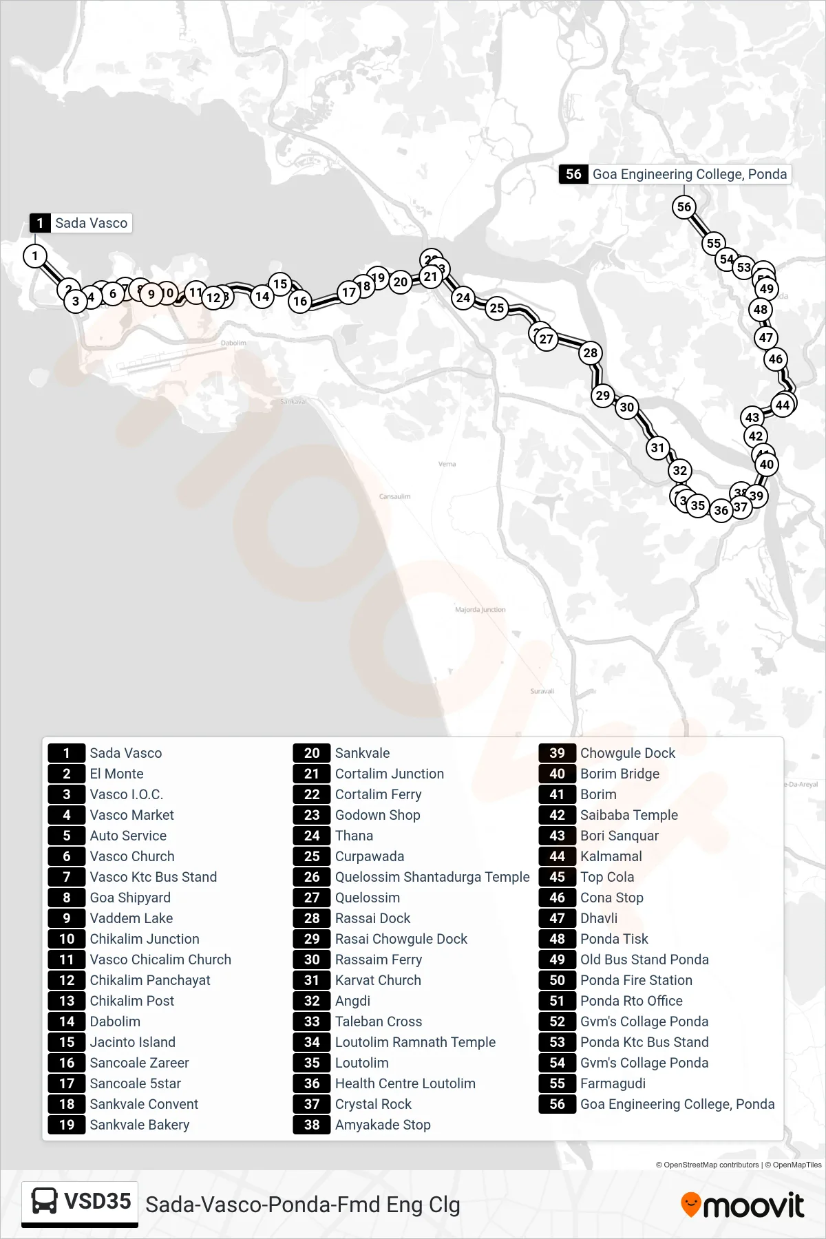 VSD35 bus Line (Sada-Vasco-Ponda-Fmd Eng Clg) route and stops on a map