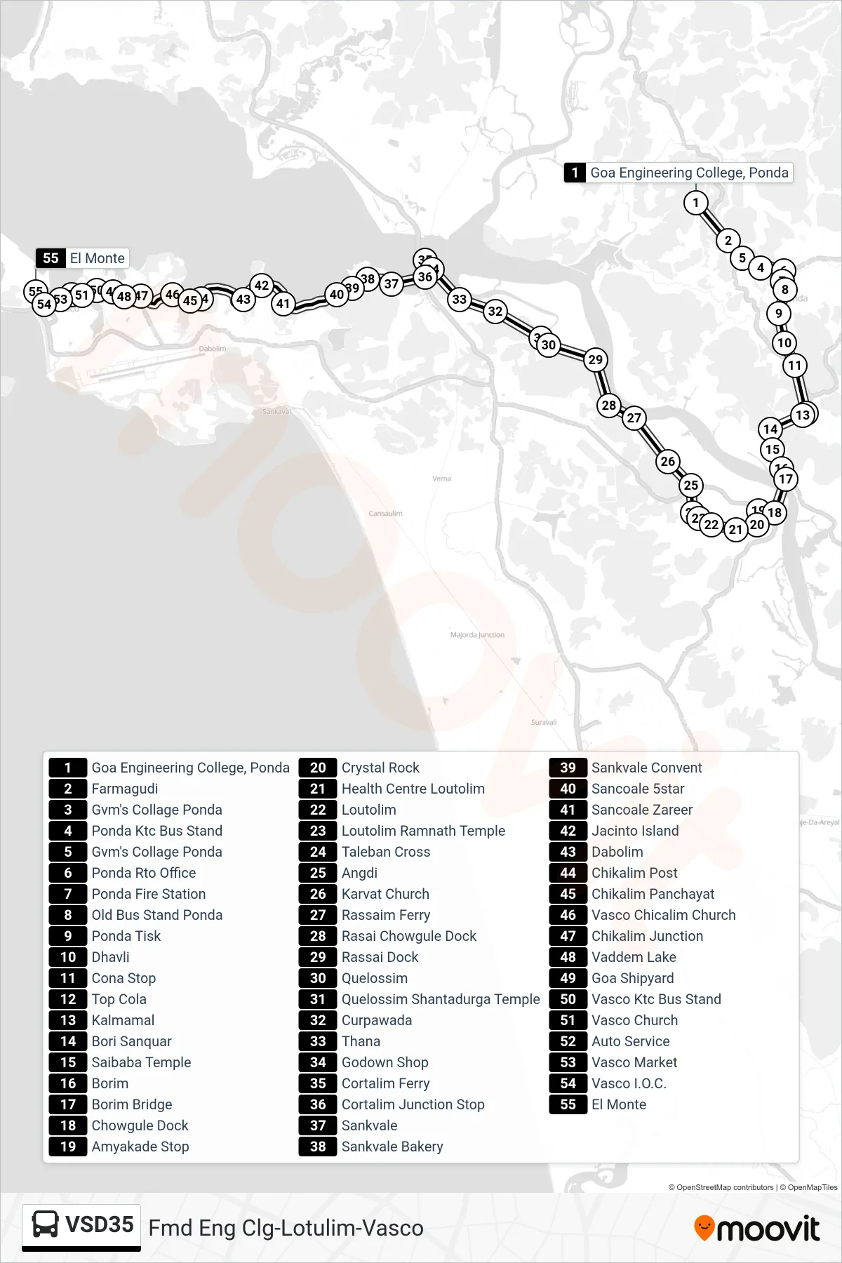 VSD35 bus Line (Fmd Eng Clg-Lotulim-Vasco) route and stops on a map