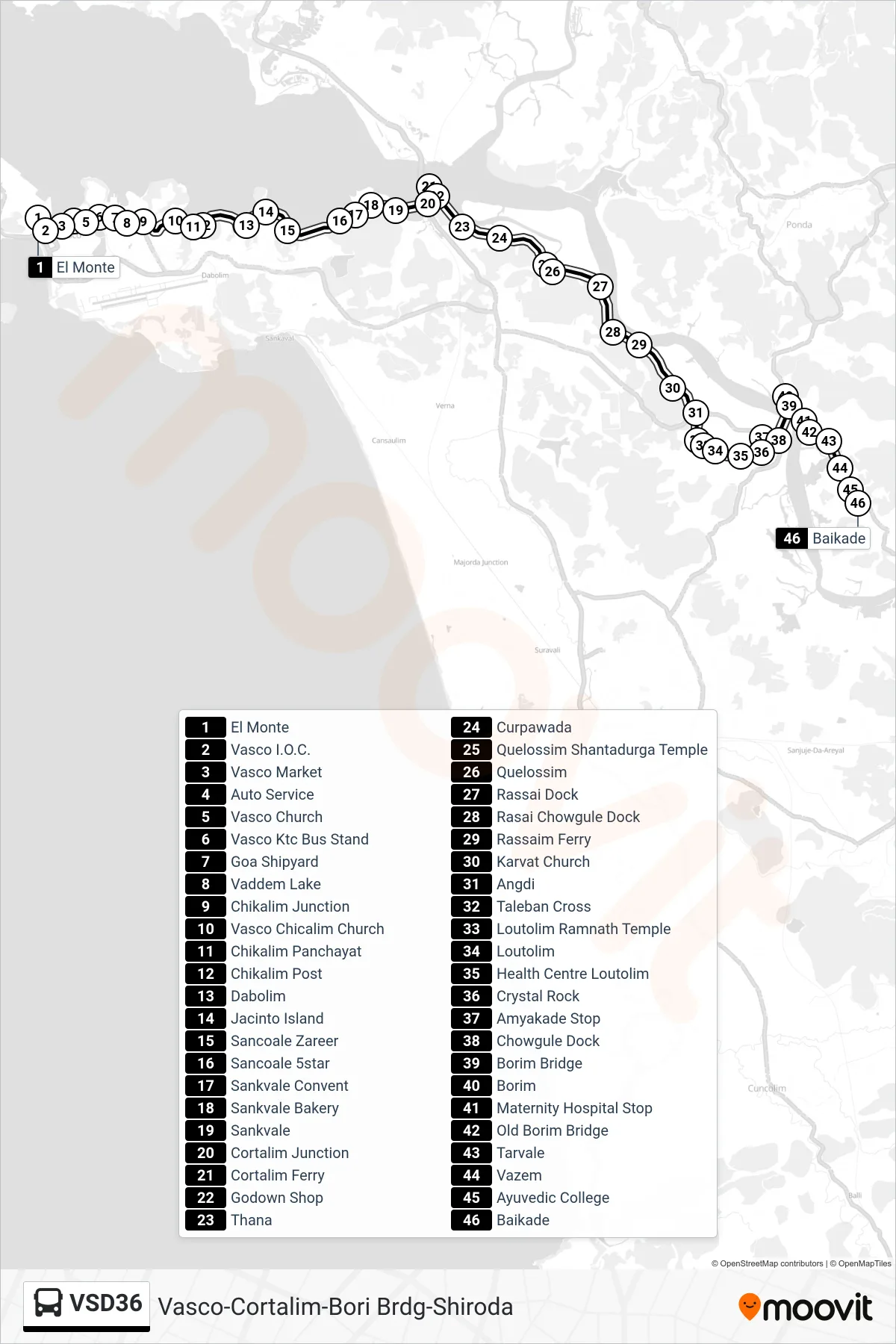 VSD36 bus Line (Vasco-Cortalim-Bori Brdg-Shiroda) route and stops on a map