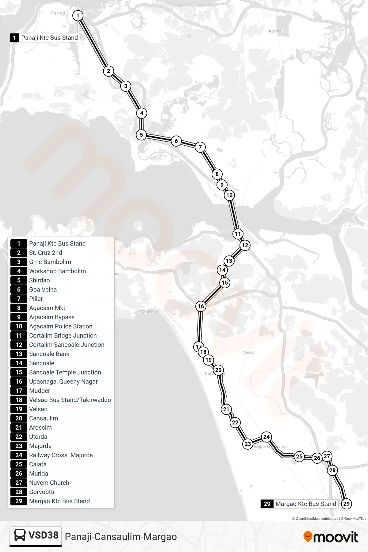 VSD38 bus Line (Panaji-Cansaulim-Margao) route and stops on a map