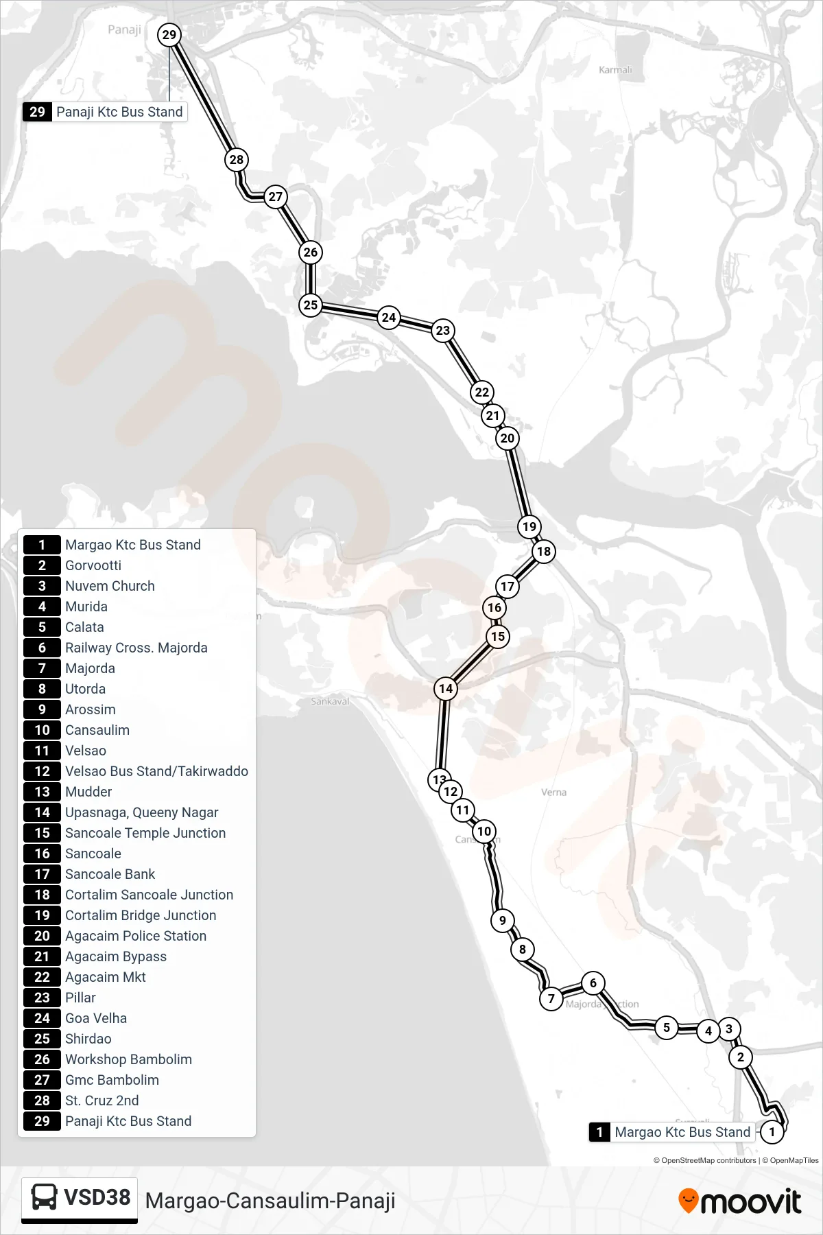 VSD38 bus Line (Margao-Cansaulim-Panaji) route and stops on a map