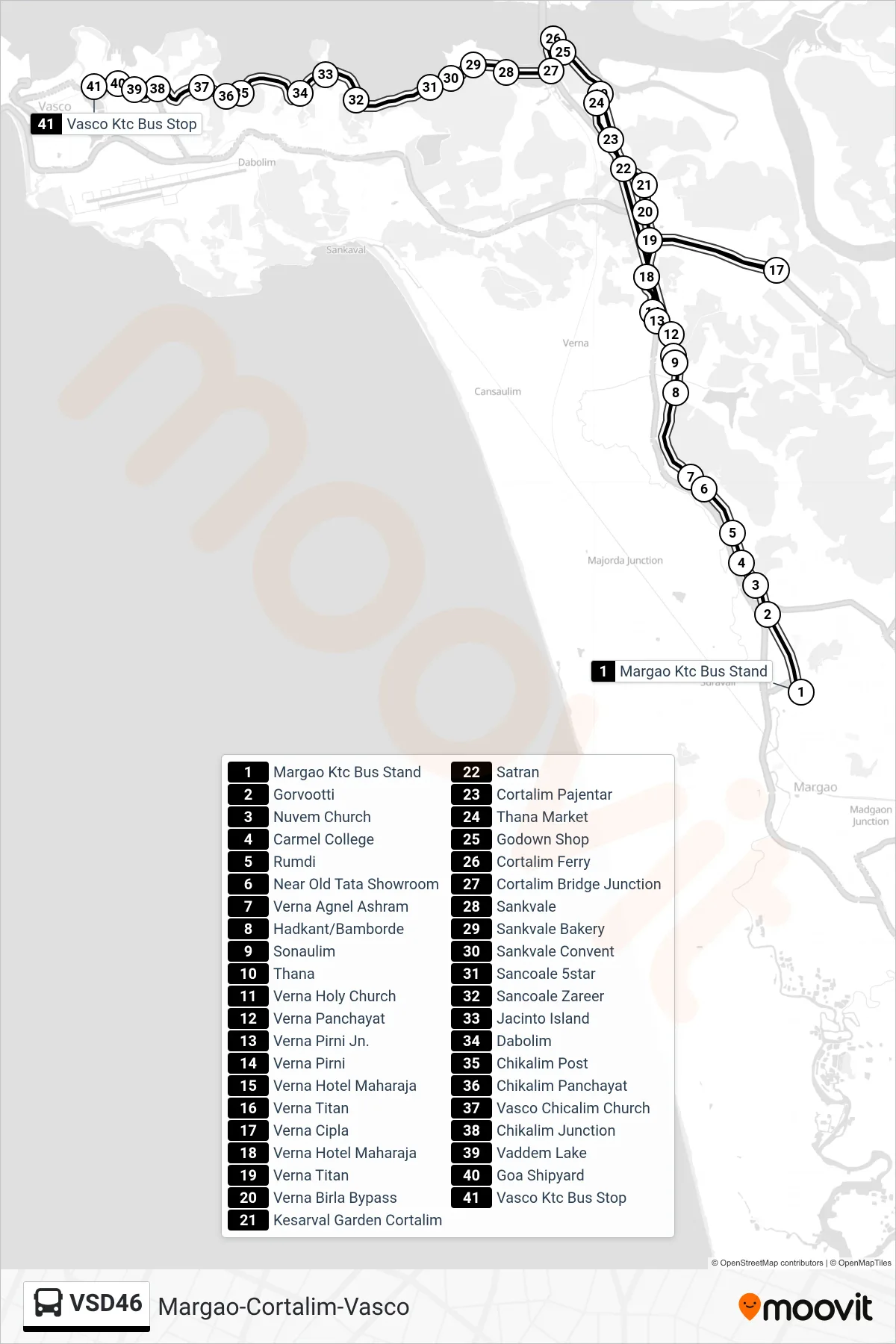 VSD46 bus Line (Margao-Cortalim-Vasco) route and stops on a map