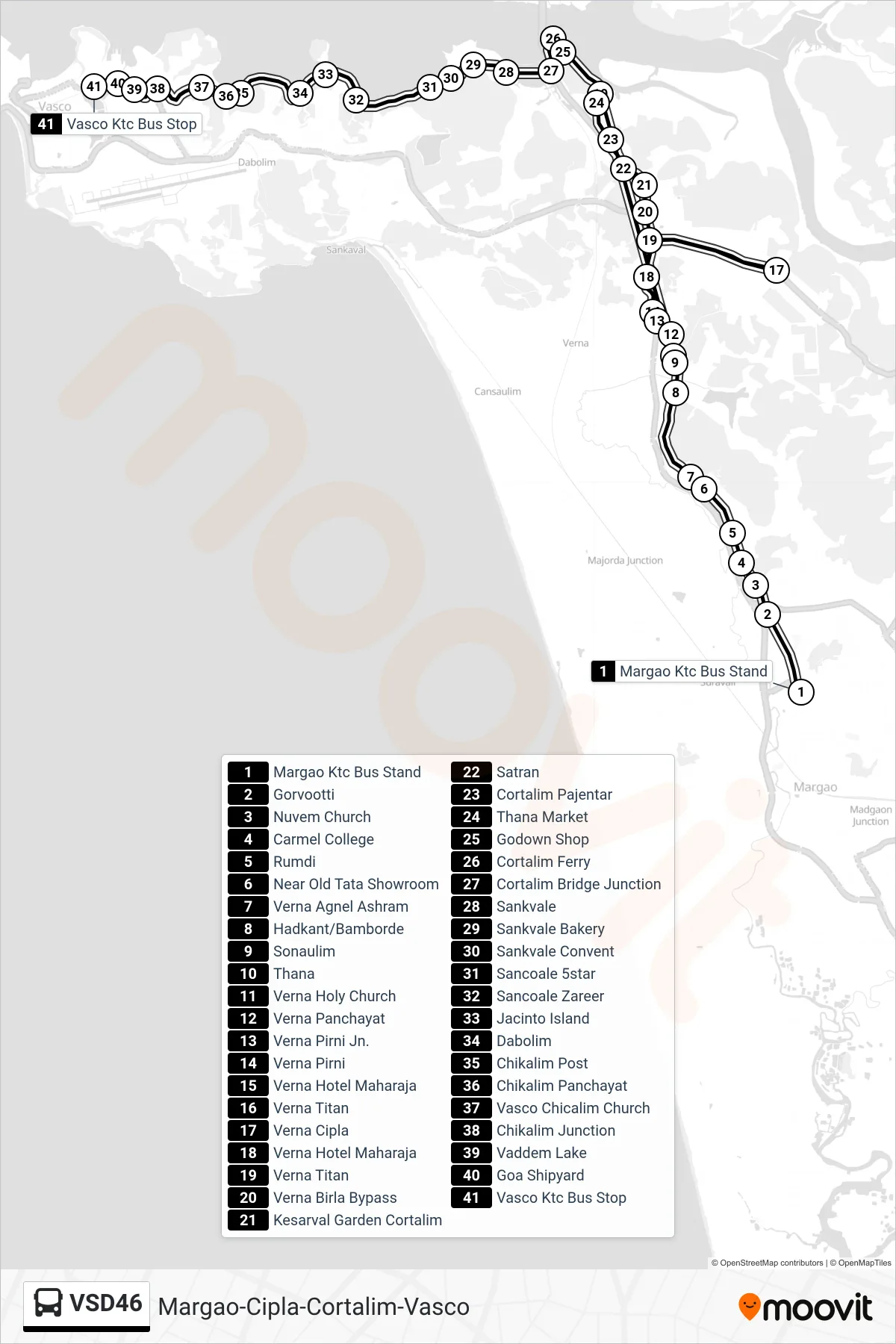 VSD46 bus Line (Margao-Cipla-Cortalim-Vasco) route and stops on a map