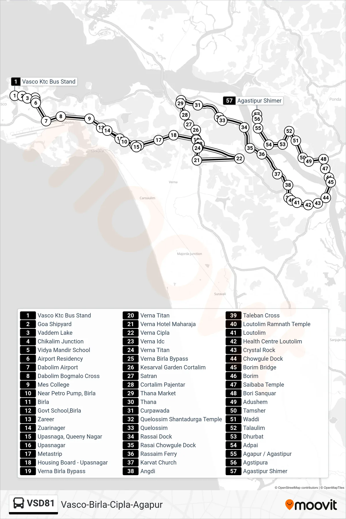 VSD81 bus Line (Vasco-Birla-Cipla-Agapur) route and stops on a map