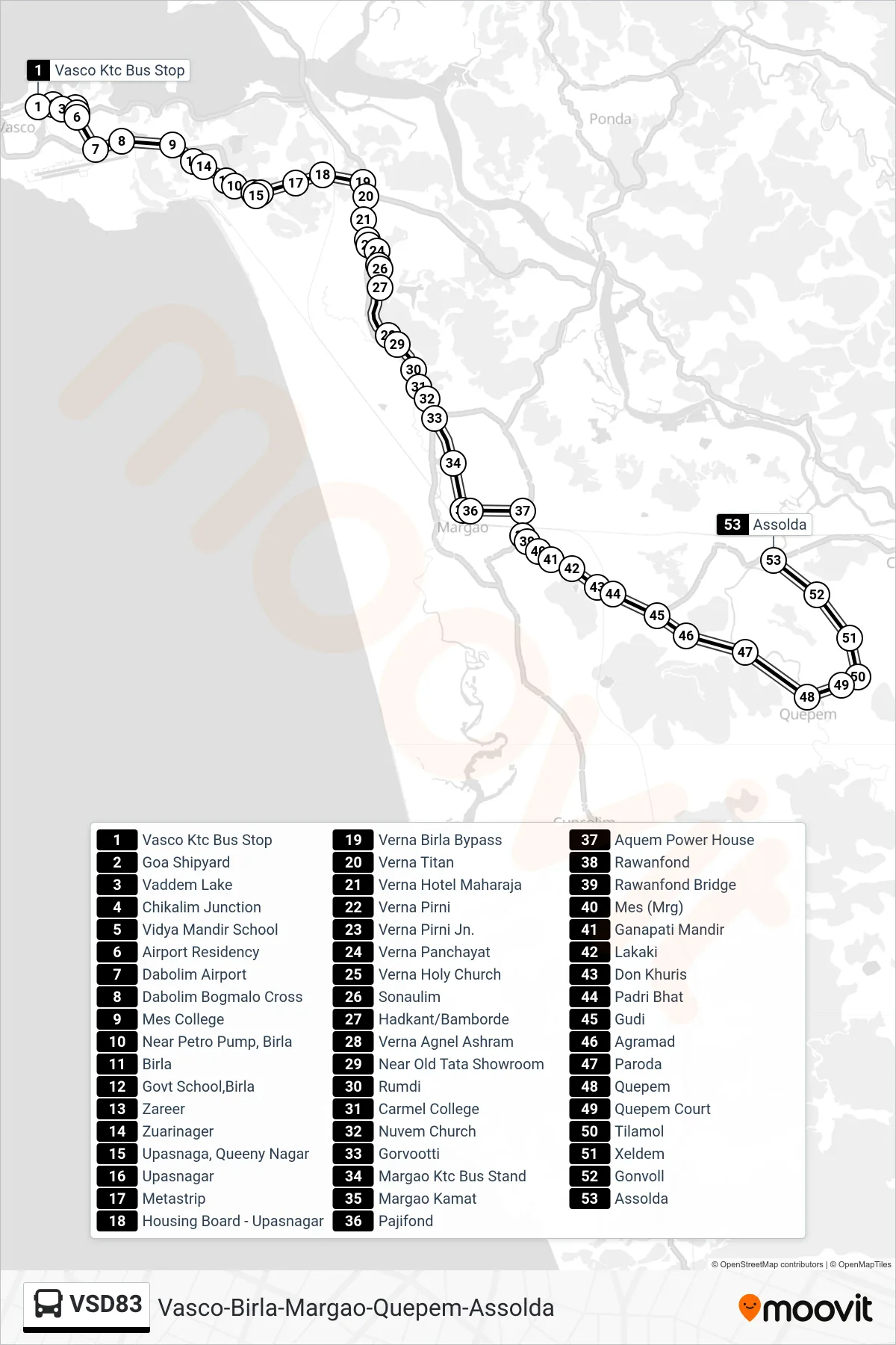 VSD83 bus Line (Vasco-Birla-Margao-Quepem-Assolda) route and stops on a map