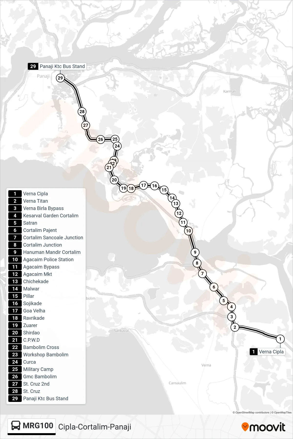 MRG100 bus Line (Cipla-Cortalim-Panaji) route and stops on a map