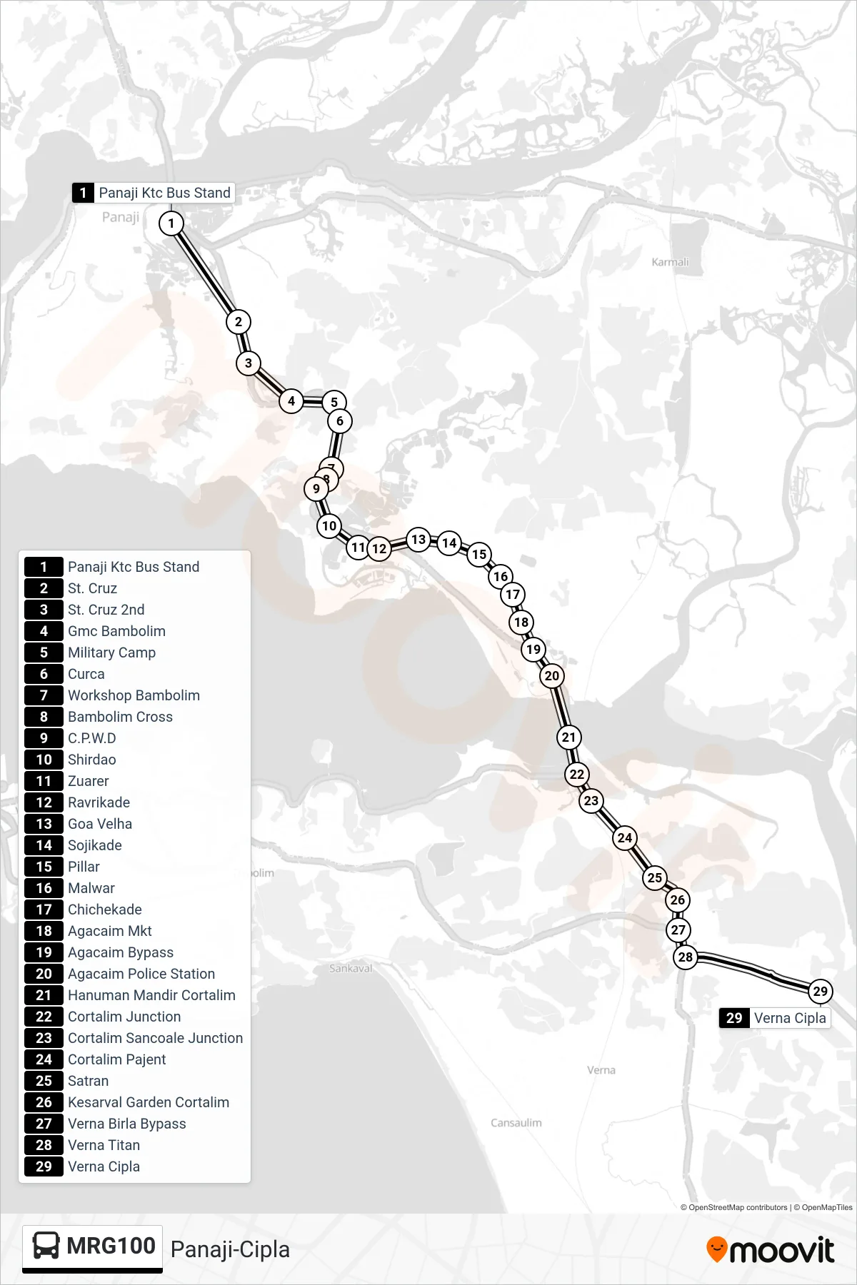 MRG100 bus Line (Panaji-Cipla) route and stops on a map