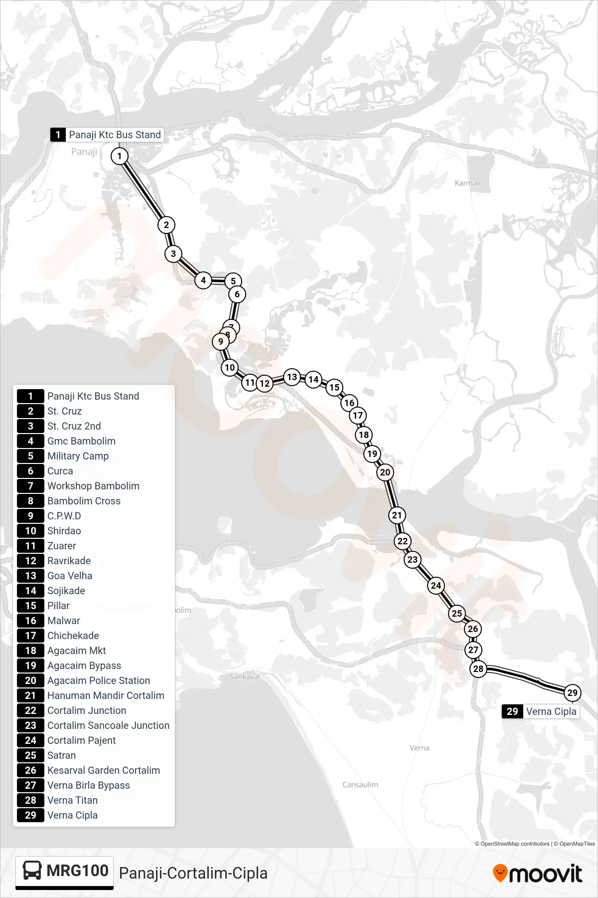 MRG100 bus Line (Panaji-Cortalim-Cipla) route and stops on a map