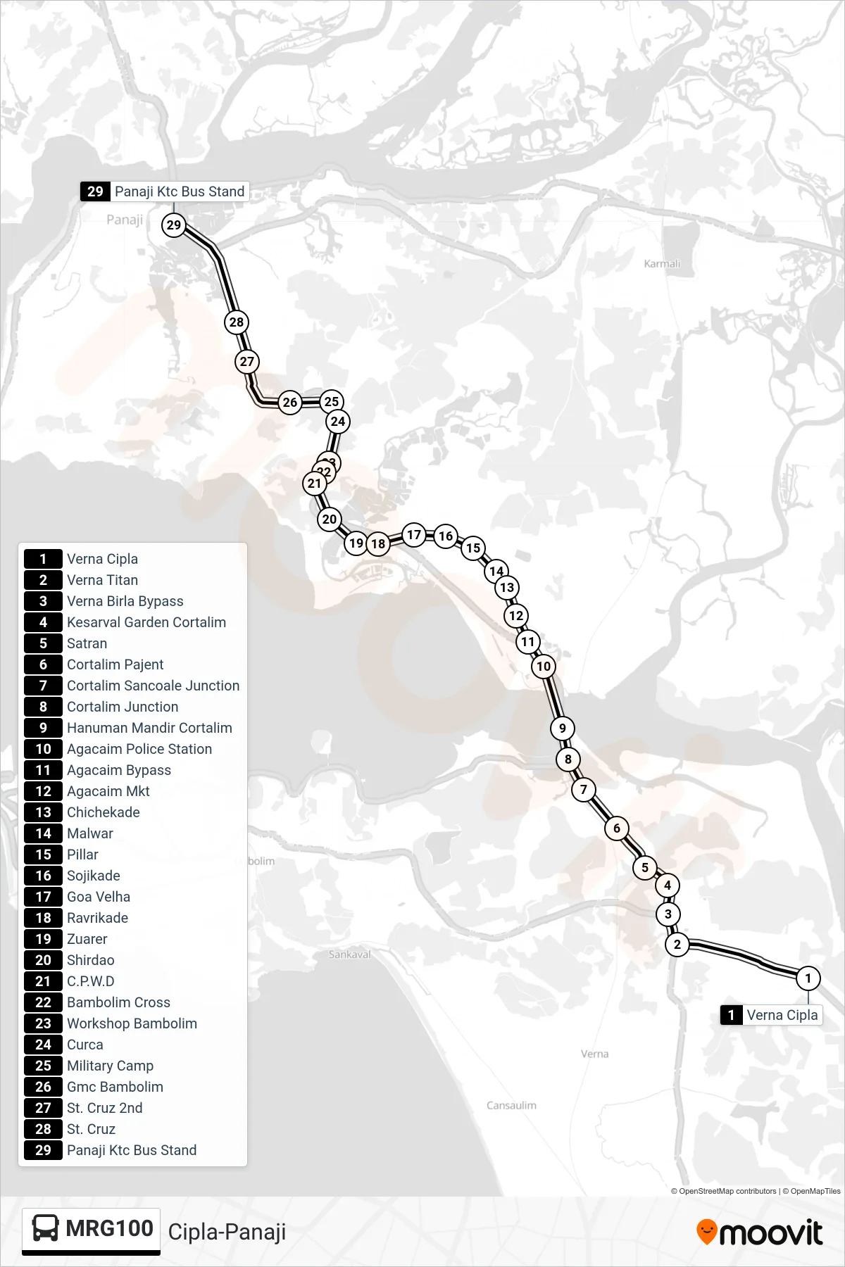MRG100 bus Line (Cipla-Panaji) route and stops on a map