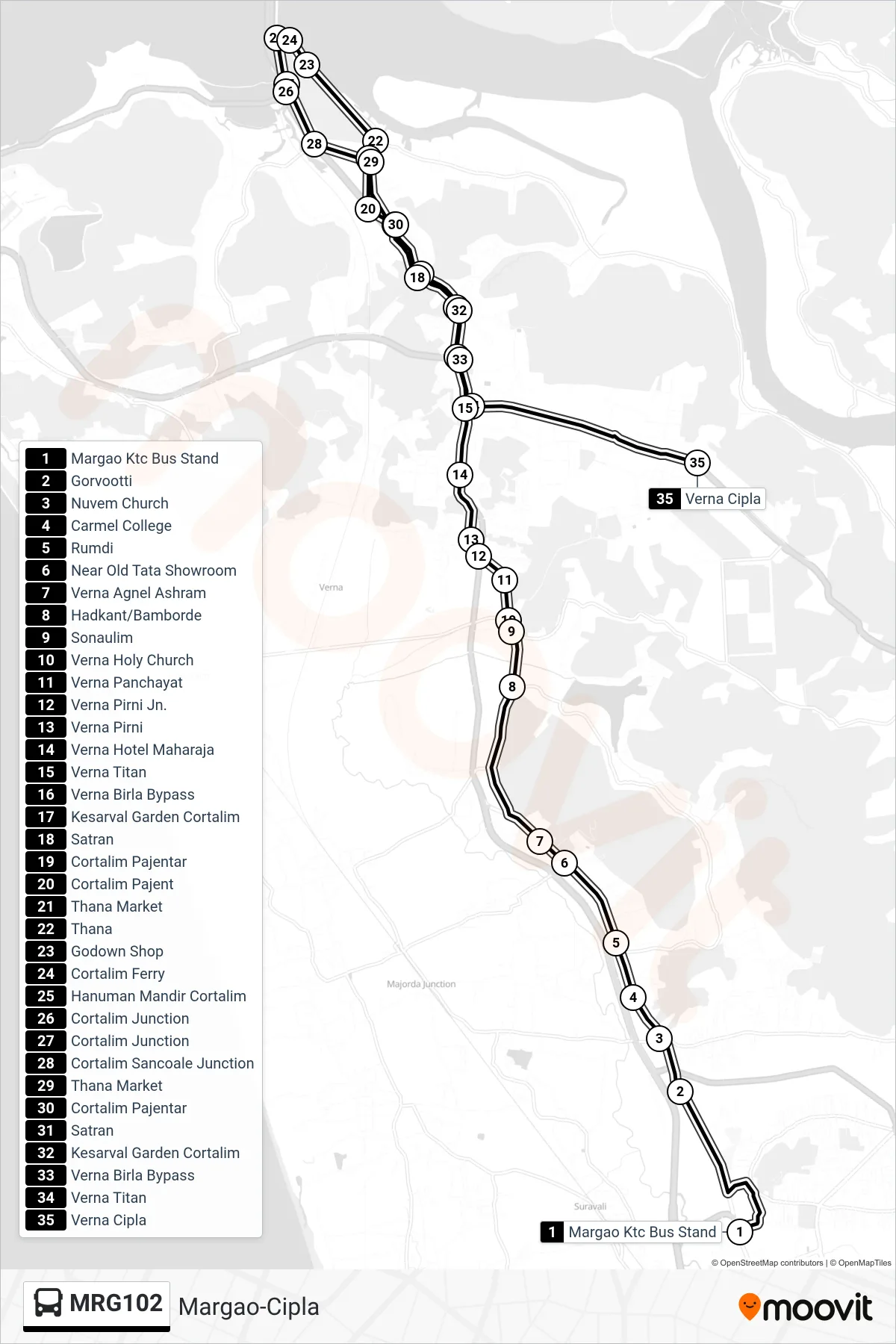 MRG102 bus Line (Margao-Cipla) route and stops on a map