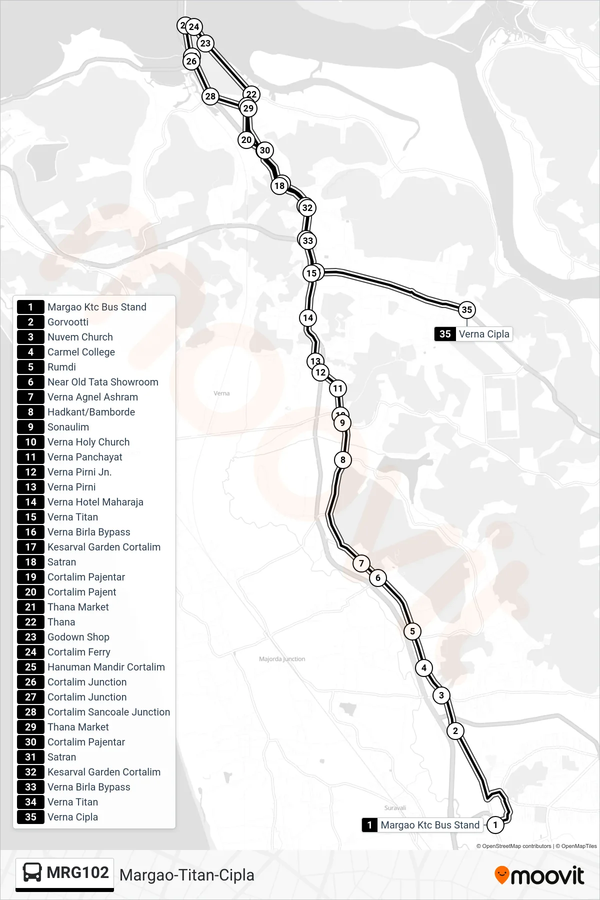 MRG102 bus Line (Margao-Titan-Cipla) route and stops on a map