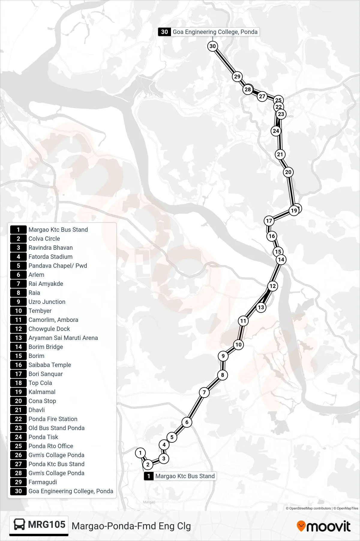 MRG105 bus Line (Margao-Ponda-Fmd Eng Clg) route and stops on a map