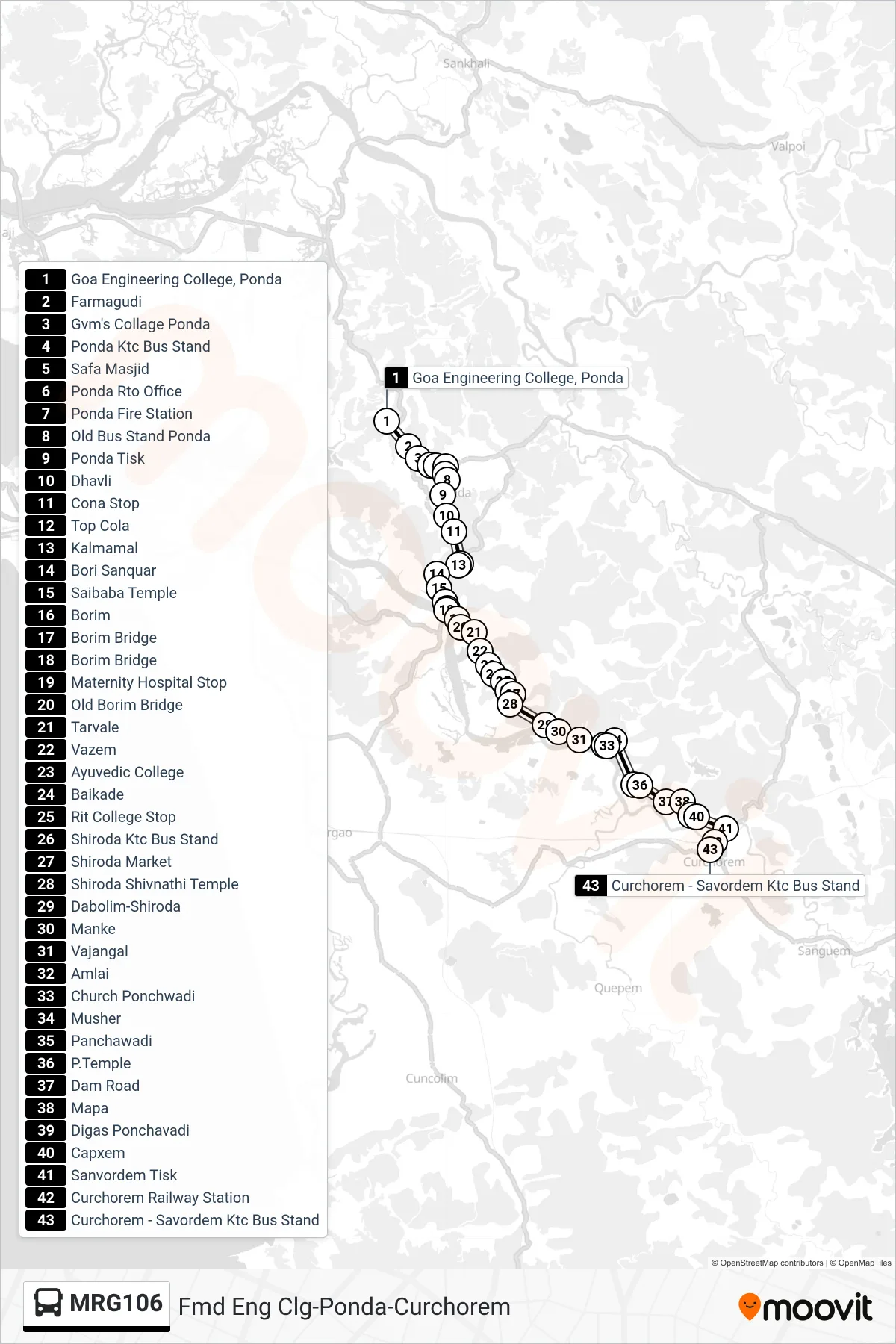MRG106 bus Line (Fmd Eng Clg-Ponda-Curchorem) route and stops on a map