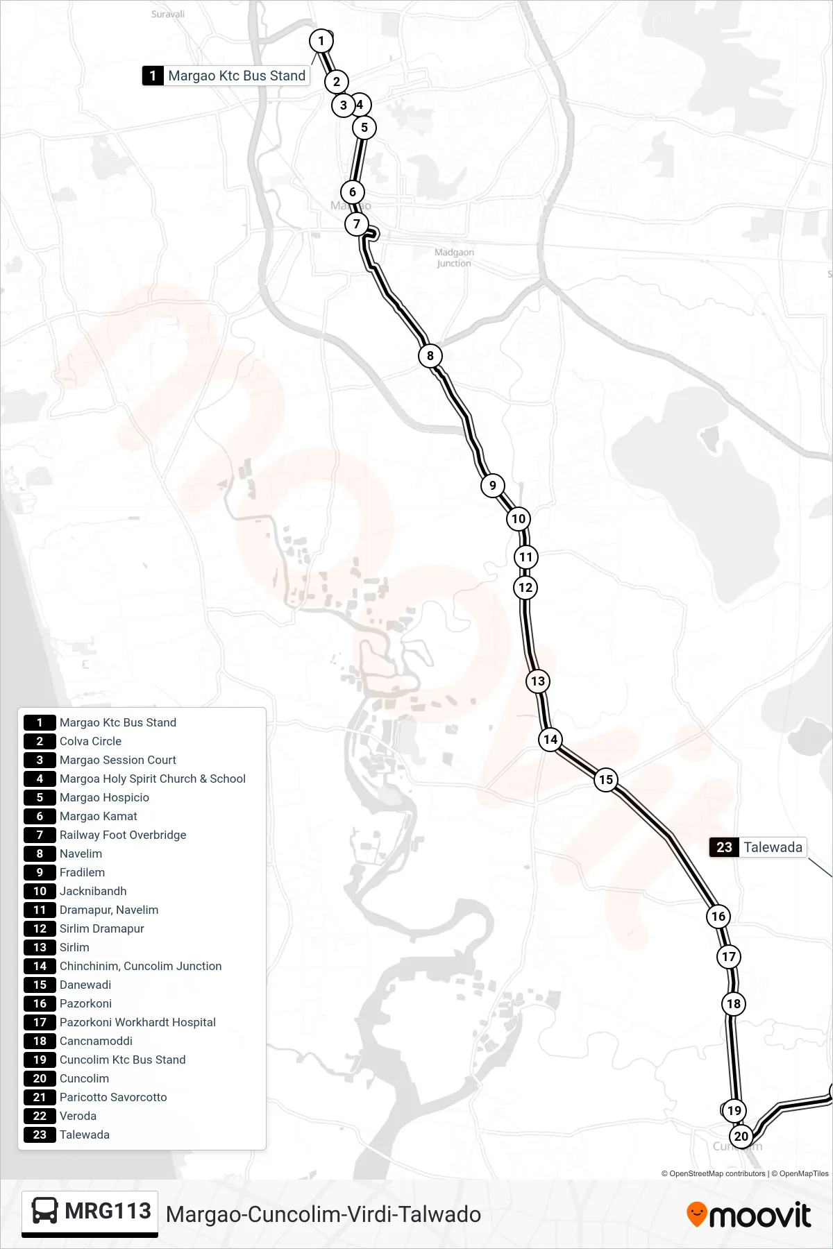 MRG113 bus Line (Margao-Cuncolim-Virdi-Talwado) route and stops on a map