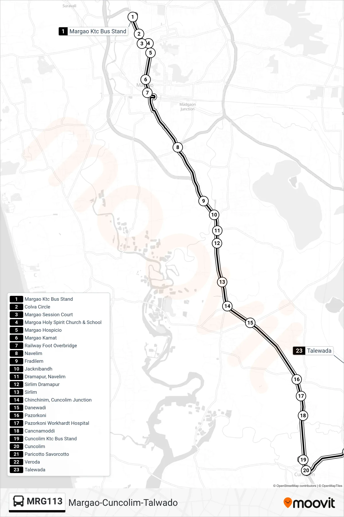 MRG113 bus Line (Margao-Cuncolim-Talwado) route and stops on a map