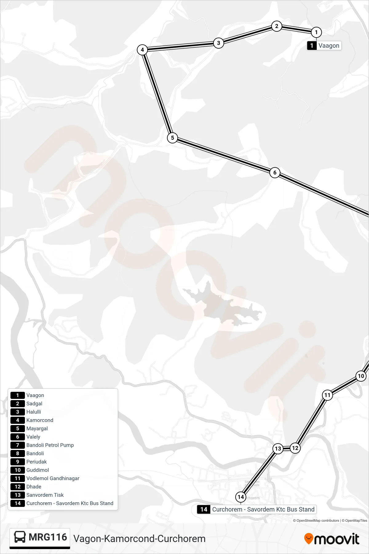 MRG116 bus Line (Vagon-Kamorcond-Curchorem) route and stops on a map