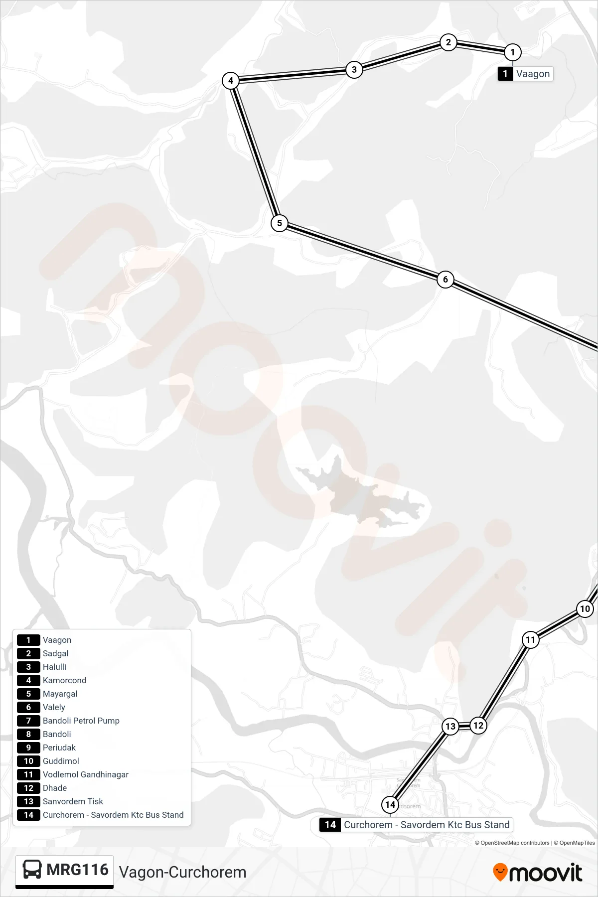 MRG116 bus Line (Vagon-Curchorem) route and stops on a map