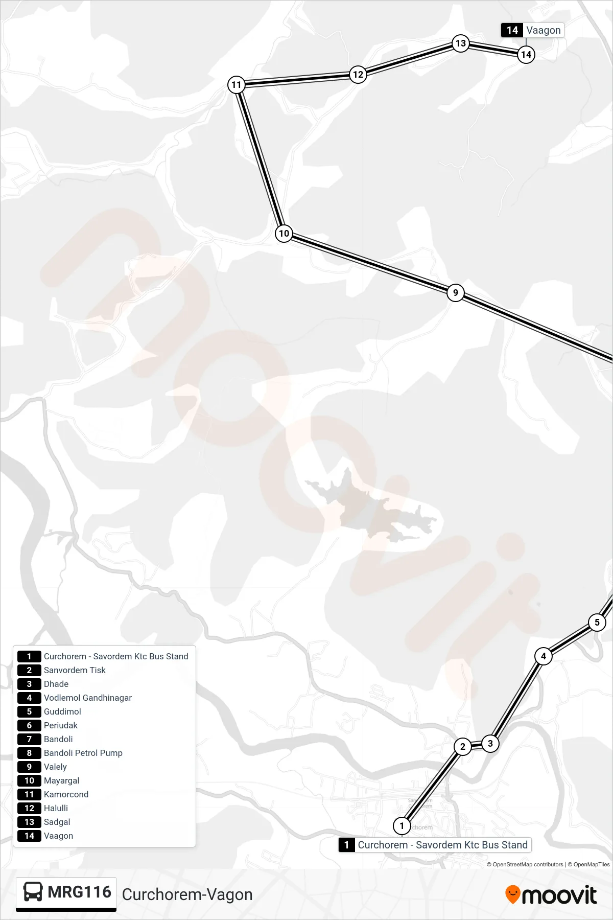 MRG116 bus Line (Curchorem-Vagon) route and stops on a map