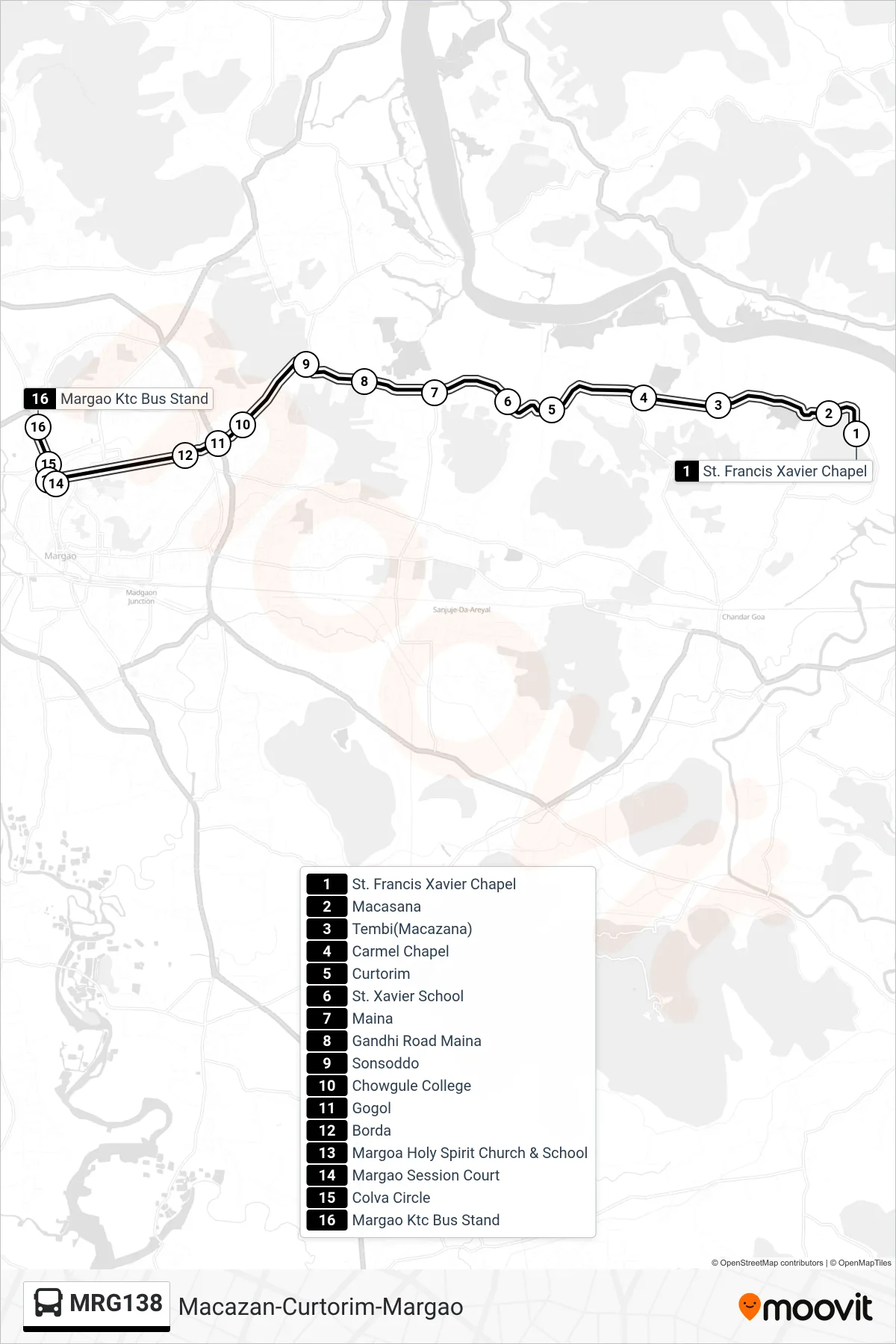 MRG138 bus Line (Macazan-Curtorim-Margao) route and stops on a map