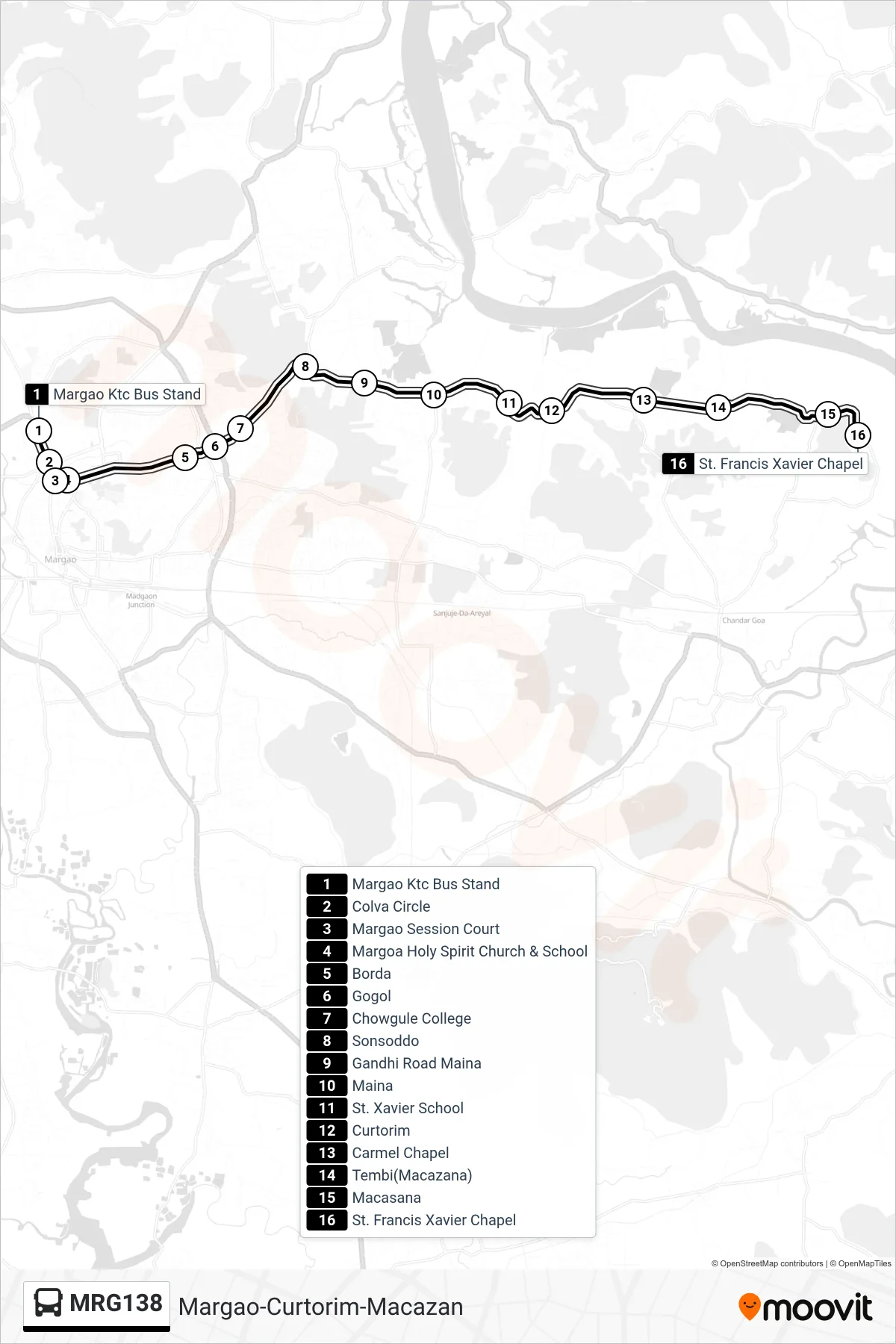 MRG138 bus Line (Margao-Curtorim-Macazan) route and stops on a map