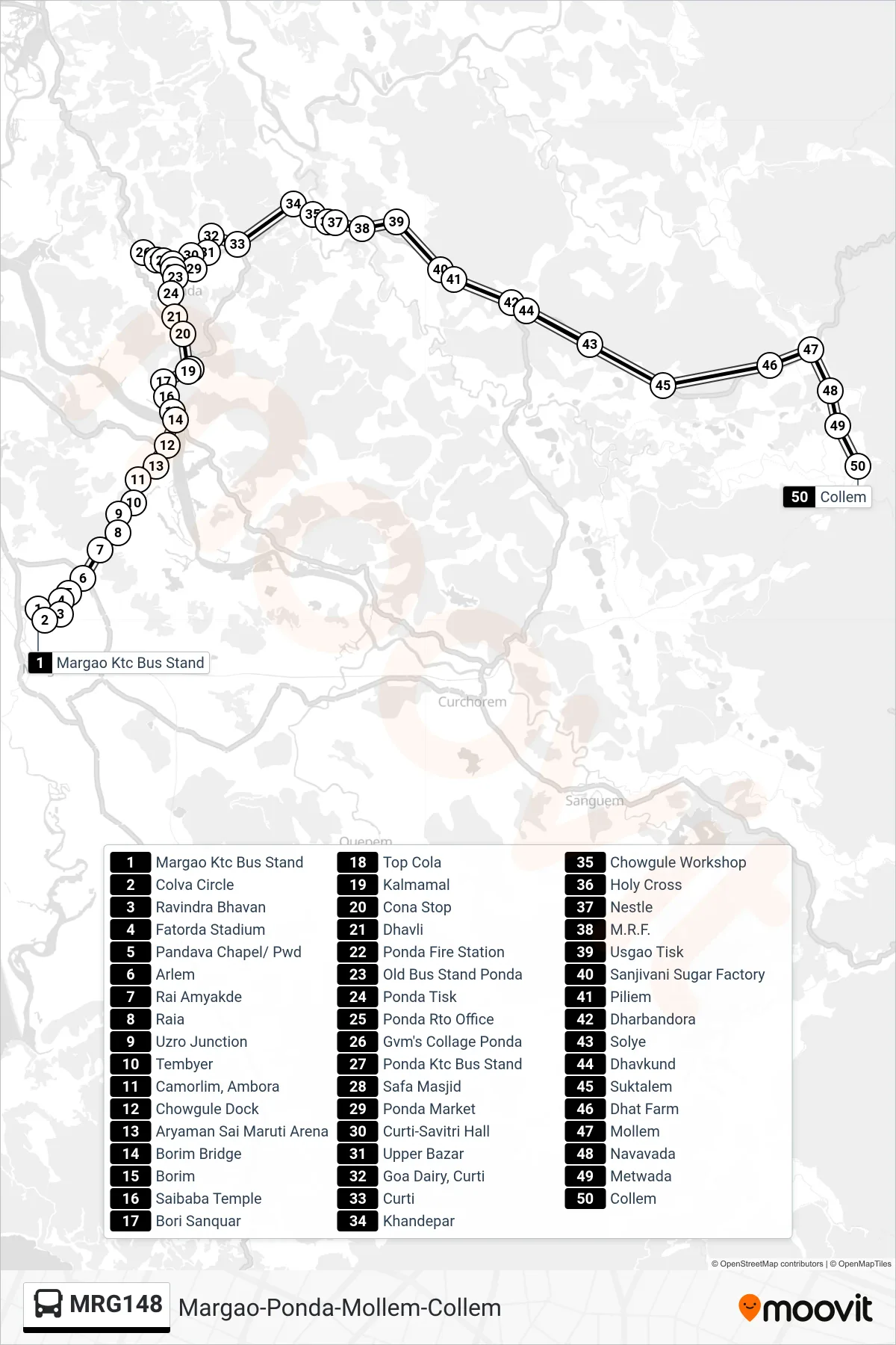 MRG148 bus Line (Margao-Ponda-Mollem-Collem) route and stops on a map